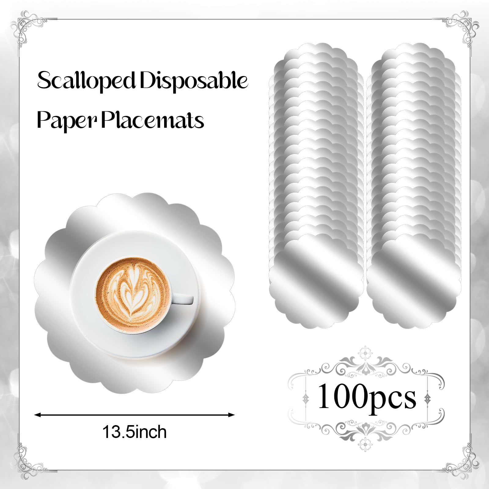 100 manteles individuales plateados festoneados, manteles individuales de papel desechables de 13.5 pulgadas para mesa de comedor, manteles individuales plateados con espejo para banquete de