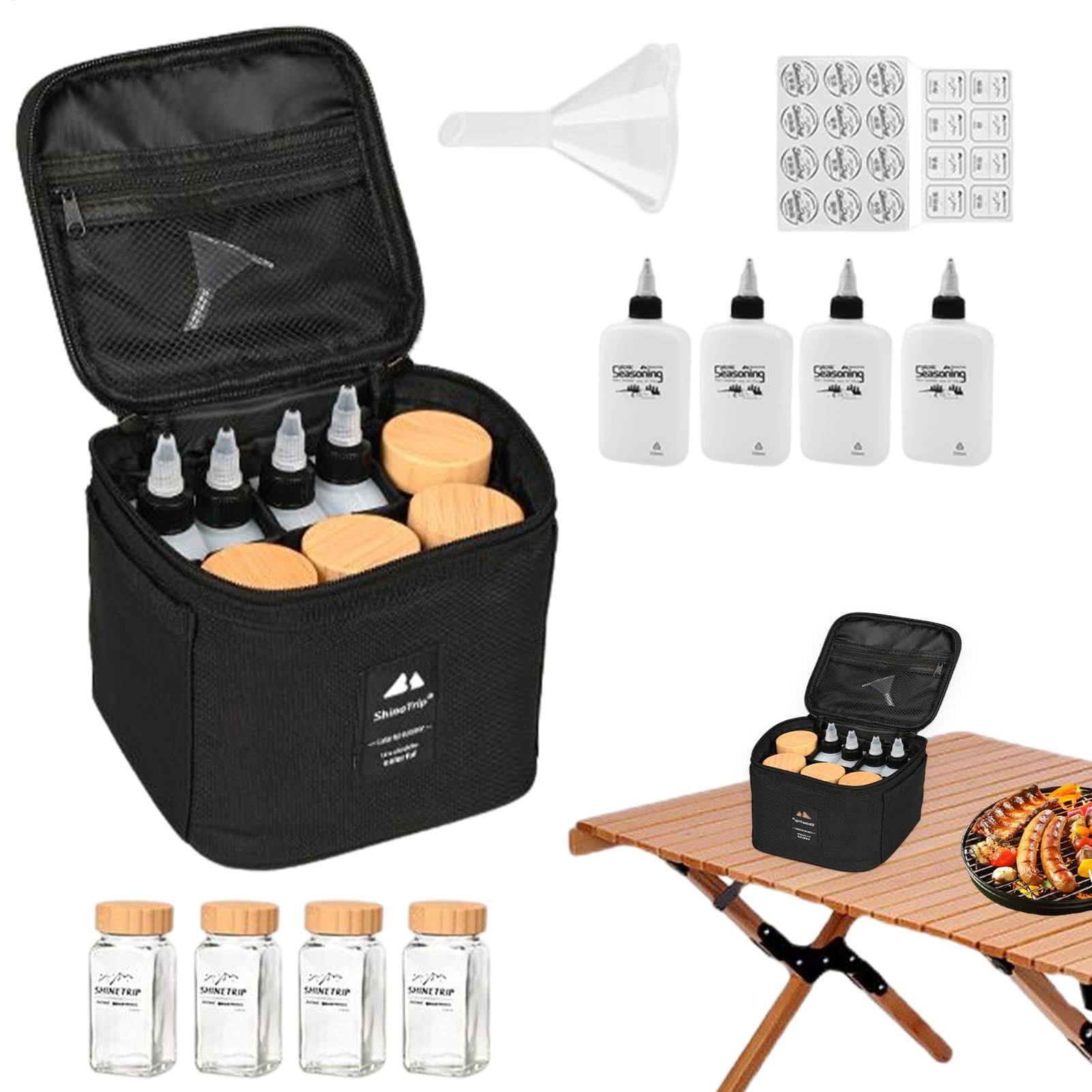 Genérico Borsa per condimenti con 8 bottiglie vuote - Borsa per spezie | portatile - Porta bottiglie di condimento con bottiglia di condimento, campeggio, escursioni, Seasoning Bottle Set - Black