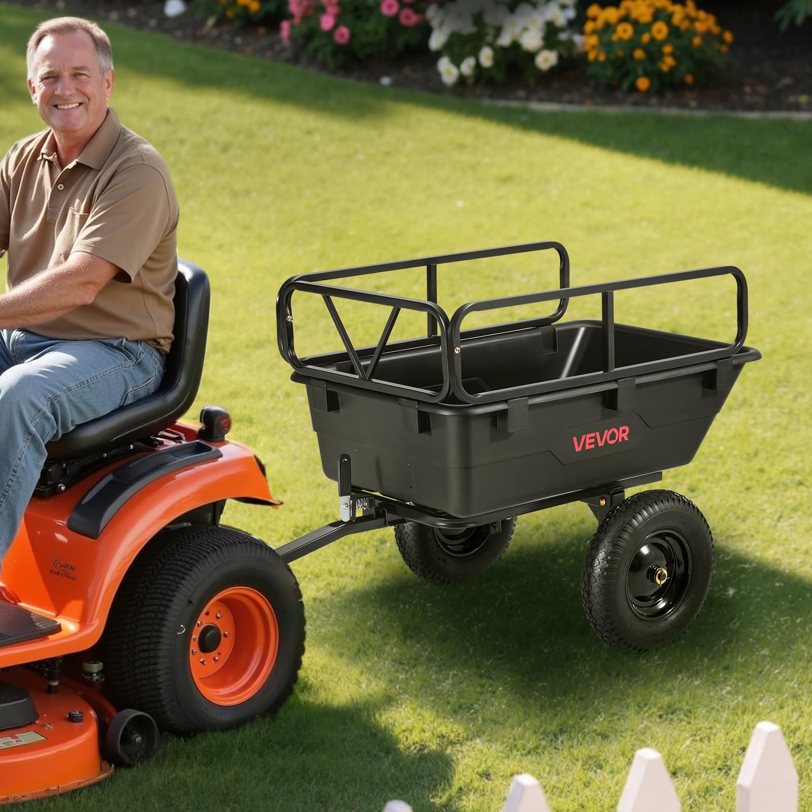 VEVOR Remorque à Benne Basculante, 283 L, Remorque de Tracteur Tondeuse à Gazon Jardin Polyéthylène, Capacité de Charge 226,8 kg, avec Pneus 40,64 cm, Chariot de Transport à Déversement pour VTT, UTV