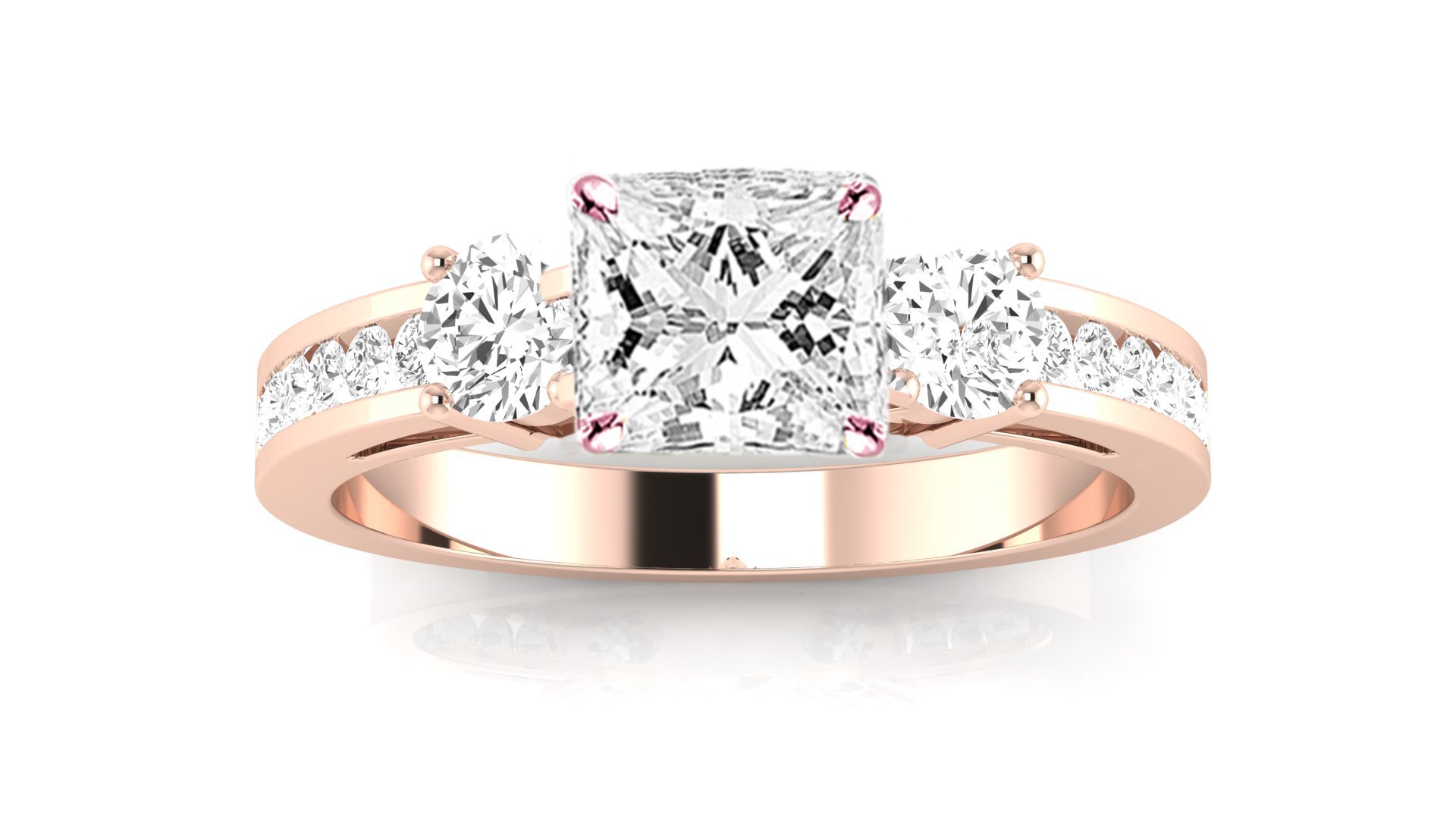 Houston Diamond District1.11 Carat 3 Stone Channel Set Princess Cut Diamond Engagement Ring with a 0.50 Carat GIA Certified Princess Cut K Color VS2-SI1 Clarity Center Stone