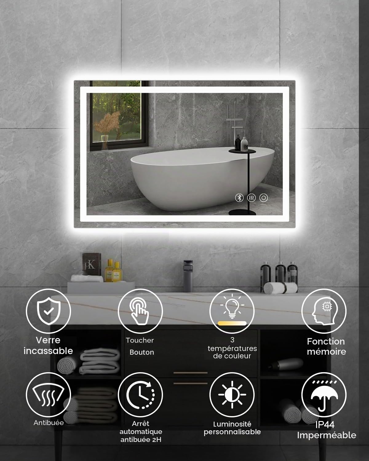 Miroir de salle de bain, LED, 40 x 60 cm, avec éclairage et interrupteur tactile Bluetooth, à intensité variable, couleur de la lumière 3 températures de couleur, anti-buée, avec lumière