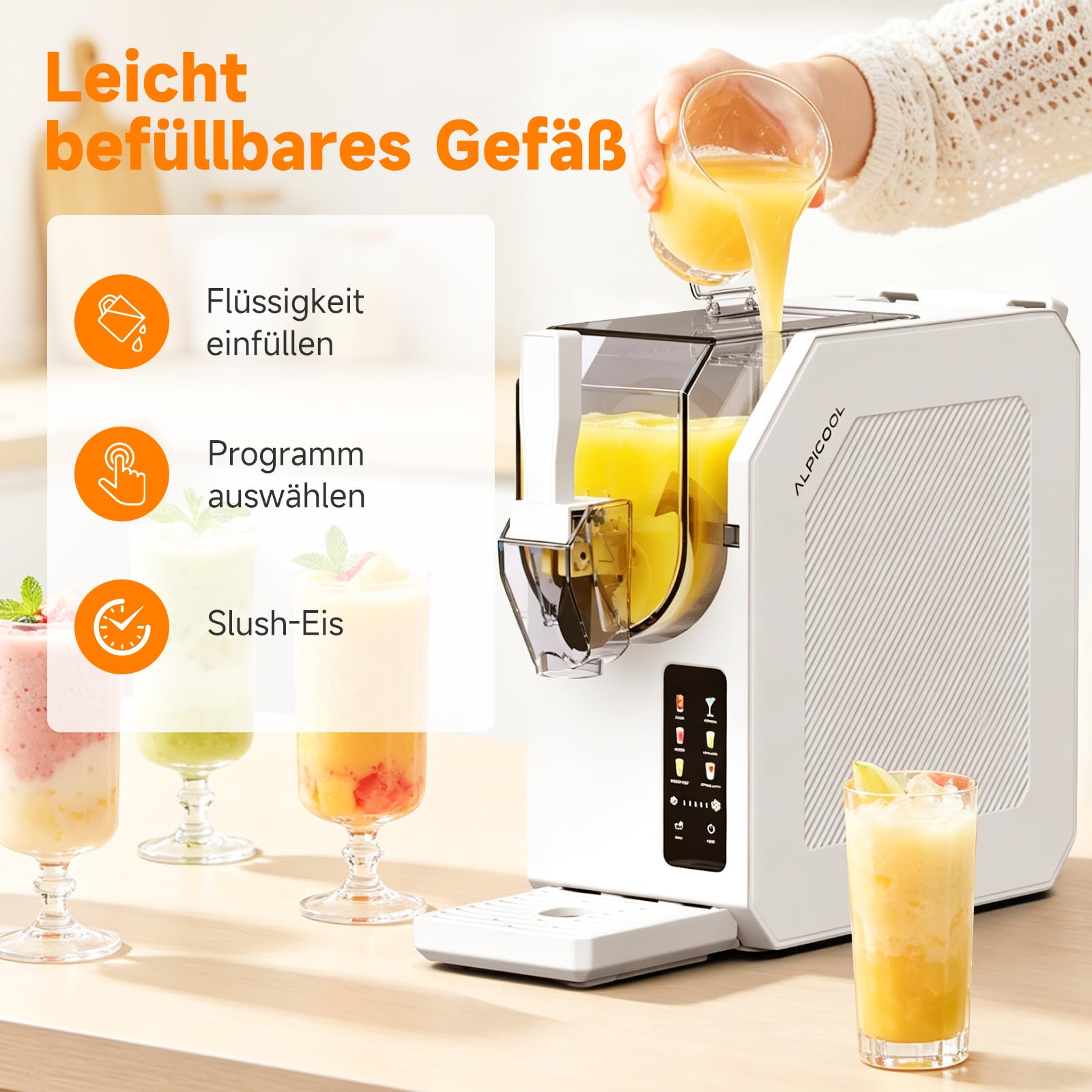 ALPICOOL Slush Maschine, 1.9L Slush Ice Maker für zu Hause, 6 Smarten Programma, für Slush, Eis-Cocktails, Frappés, Milchshakes, Turbo Freeze & Automatische Reinigung, kein Eis erforderlich, Weiß