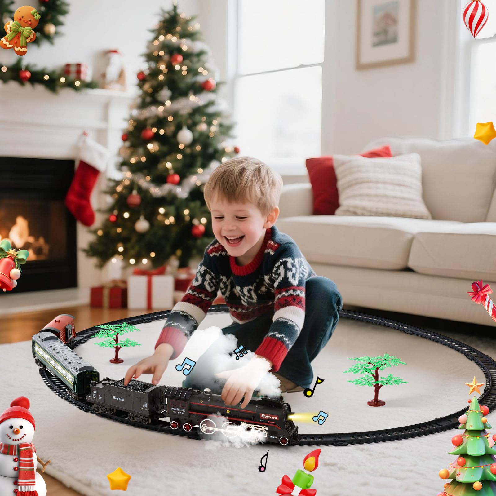 Train Electrique Enfant, Train de Noël Electrique avec Fumée Magique et Son Réaliste, Jouet Train électrique à Vapeur, pour Enfants 3-12 Ans