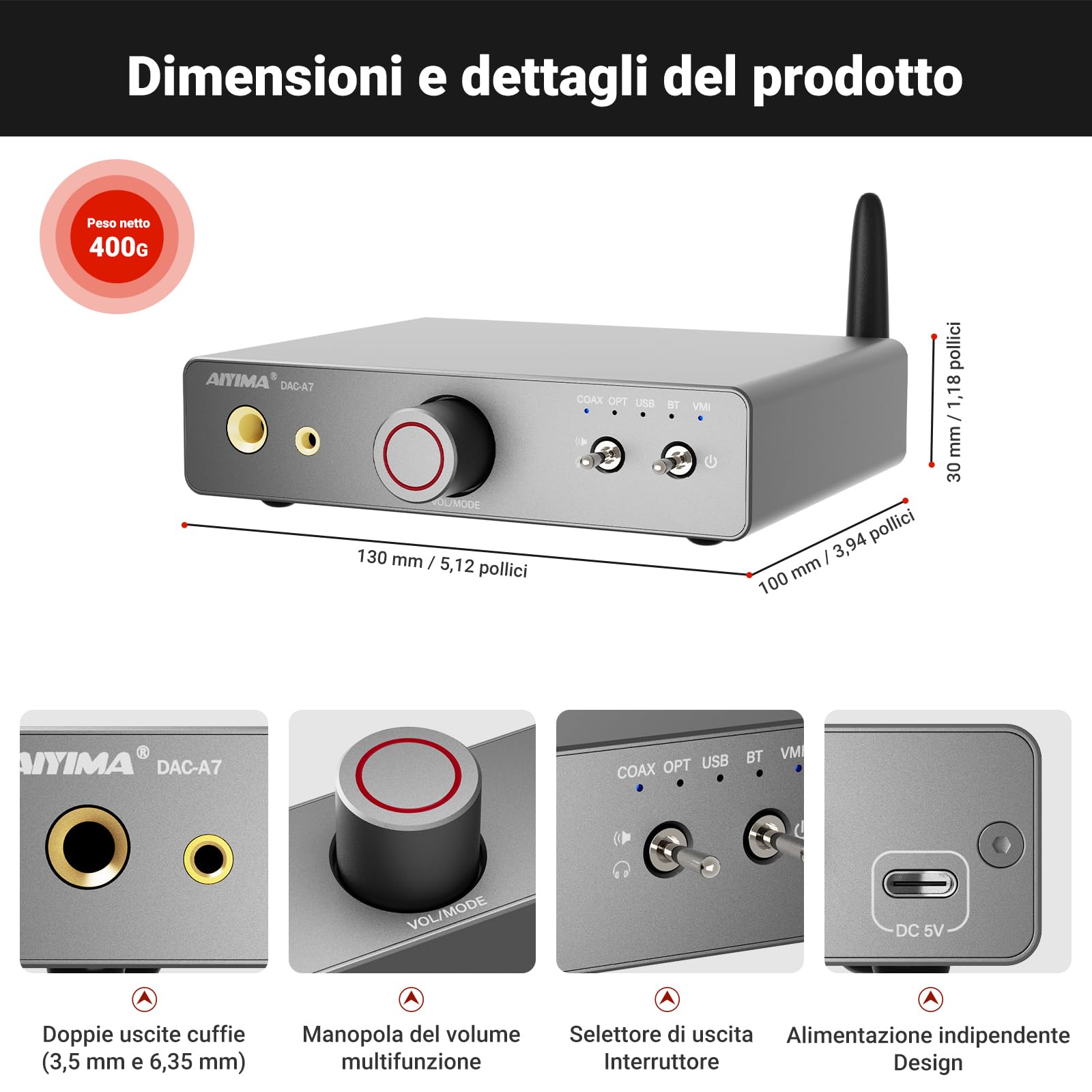 AIYIMA DAC A7 Bluetooth 5.4 Amplificatore decodificante per cuffie HiFi ES9038Q2M 24 bit 192 kHz USB ottico coassiale