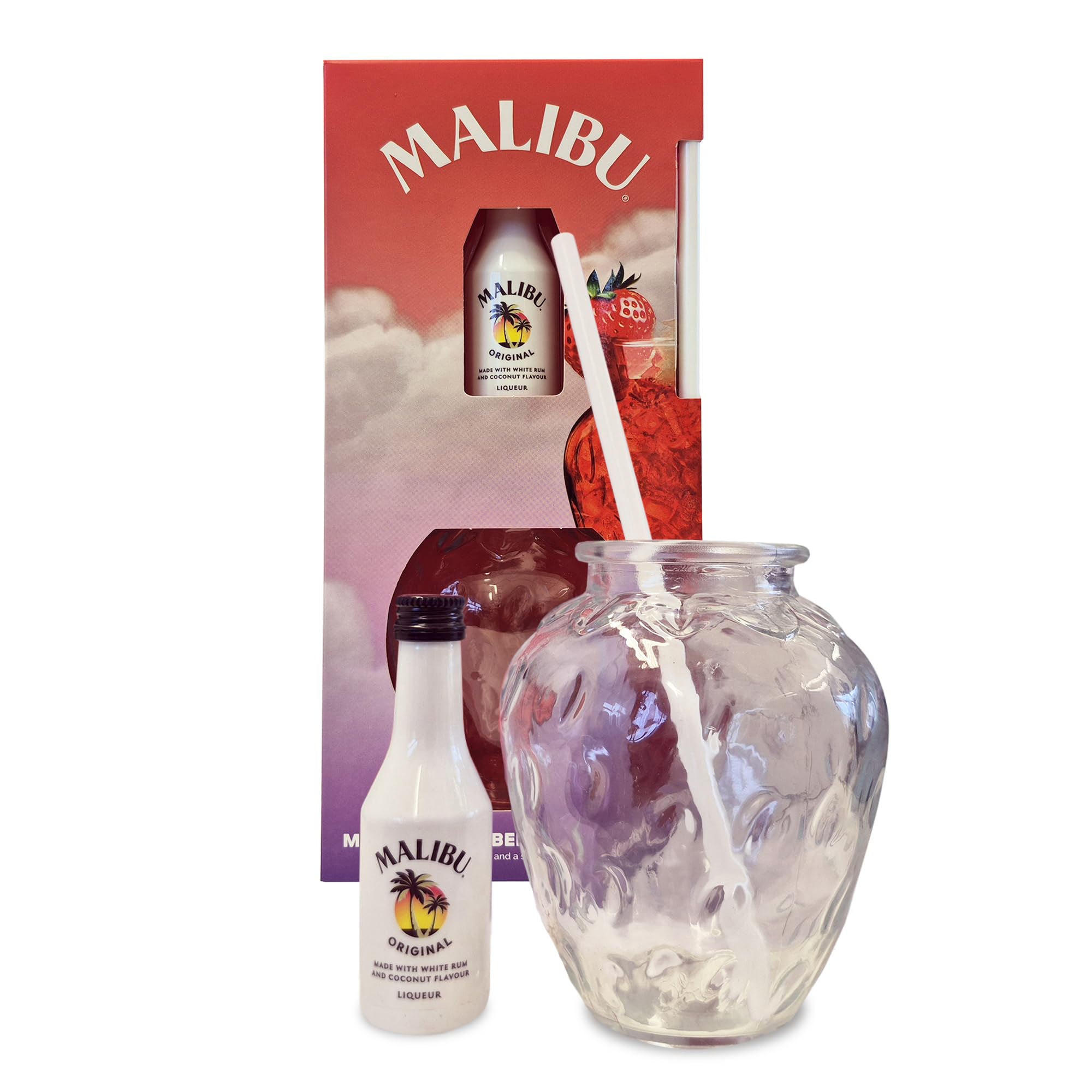Malibu Coconut Rum Gift Set – 5cl Miniature 18% ABV with Strawberry‑Shaped Glass and Straw – Tropical Coconut Liqueur Gift by Blue Tree Gifts