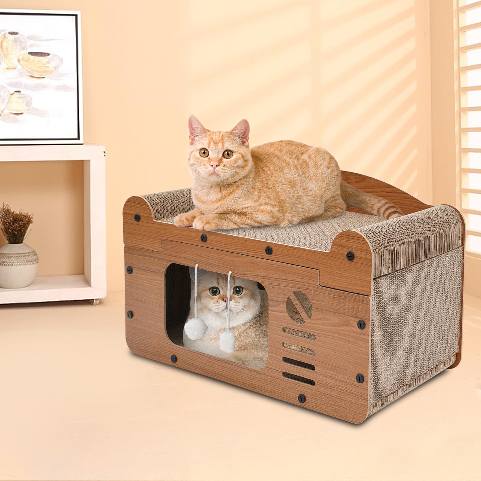 Tiragraffi per gatti, cuccia per gatti con tiragraffi, letto per gatti a 2 piani con palla da gioco, casetta per gatti in cartone, tiragraffi per gatti, giocattolo durevole per gatti, 56 x 30 x 32 cm