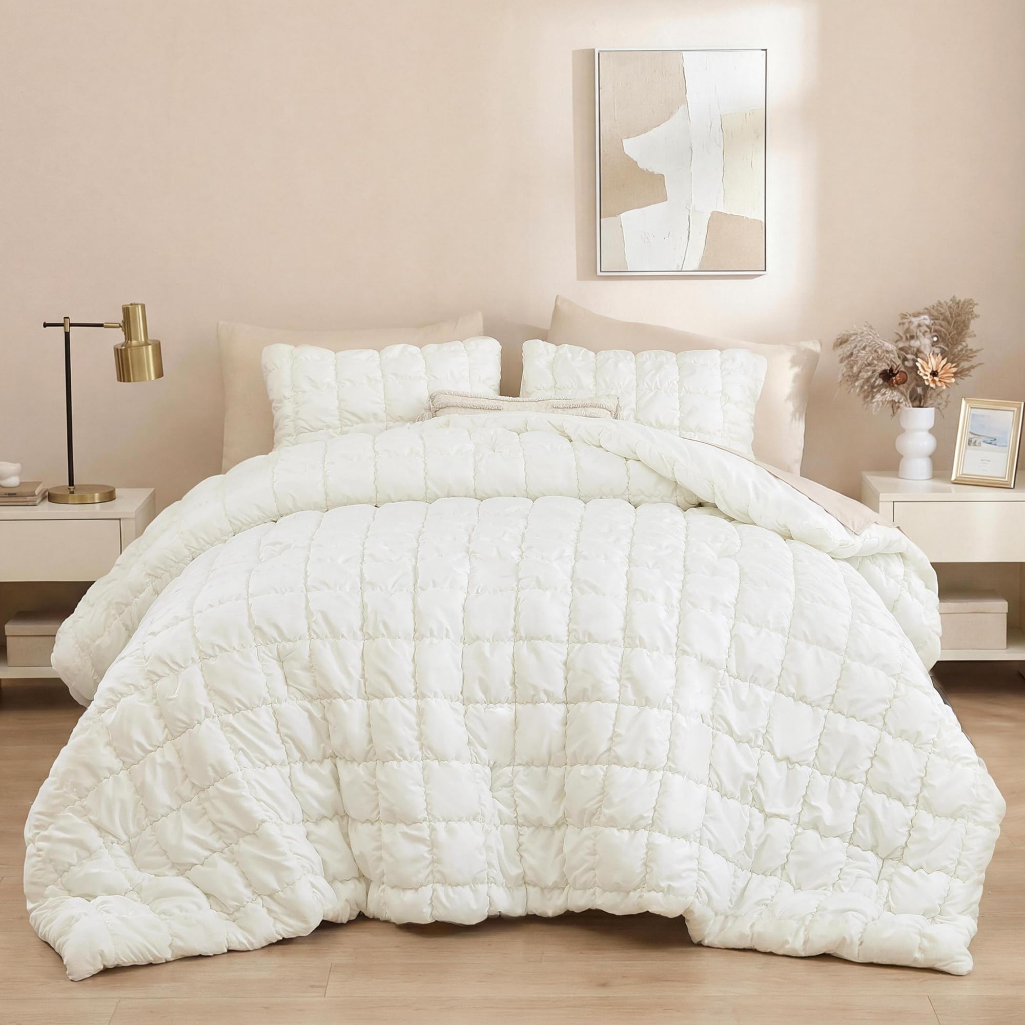 JANZAA Full Size Comforter Sets, Cream White Comforter with Puff Plaid Fluffy Comforter Set, Cloud-Like Soft Cozy Bedding Set, Lightweight Warm Bedroom Decor for All Season with 2 Pillowcases