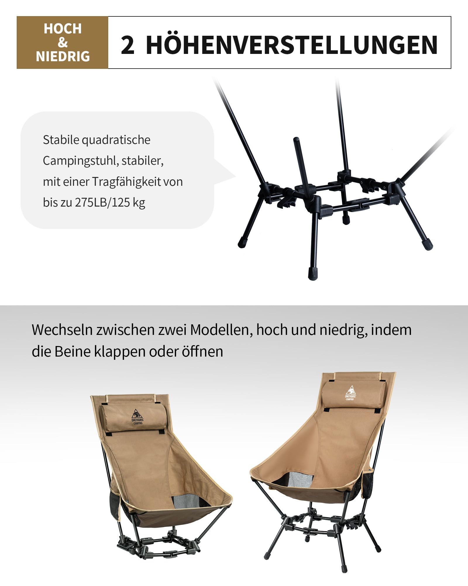 OneTigris DRAGONHIDE Campingstuhl Hochlehner faltbar 125 kg, Klappstuhl Camping leicht, Angelstuhl klappbar mit 2 Seitentaschen, Faltstuhl Ultraleicht für Outdoor, Wandern