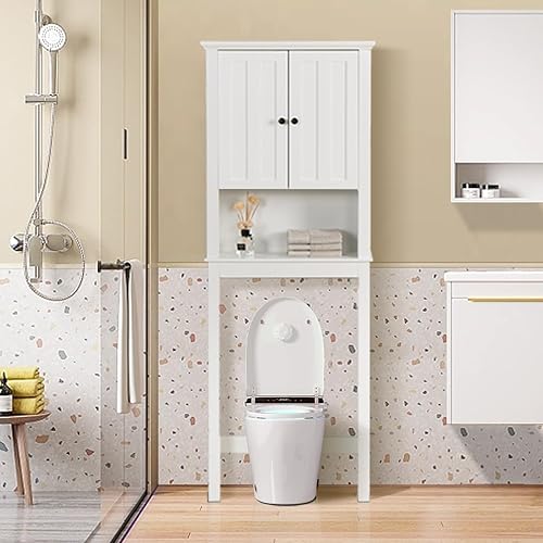 Miniatura 5 de Gabinete de almacenamiento sobre el inodoro, organizador de armario de almacenamiento de baño con puertas y estante ajustable, ahorro de espacio de