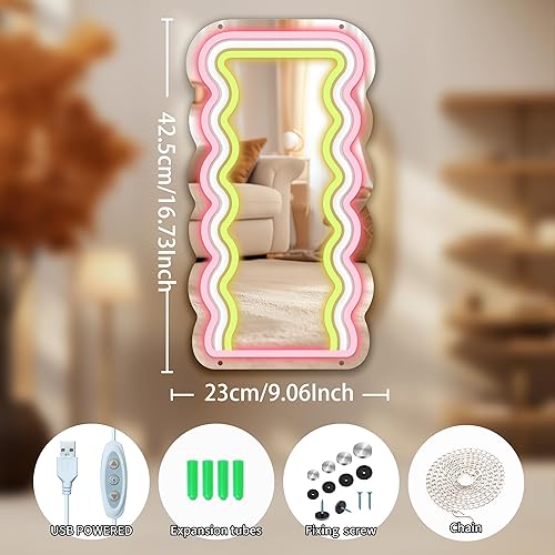 Miniatura 4 de Moneter Espejo ondulado de anime con letreros de neón, regulable para regalo de niñas adolescentes, espejo de maquillaje, bonita decoración de pared