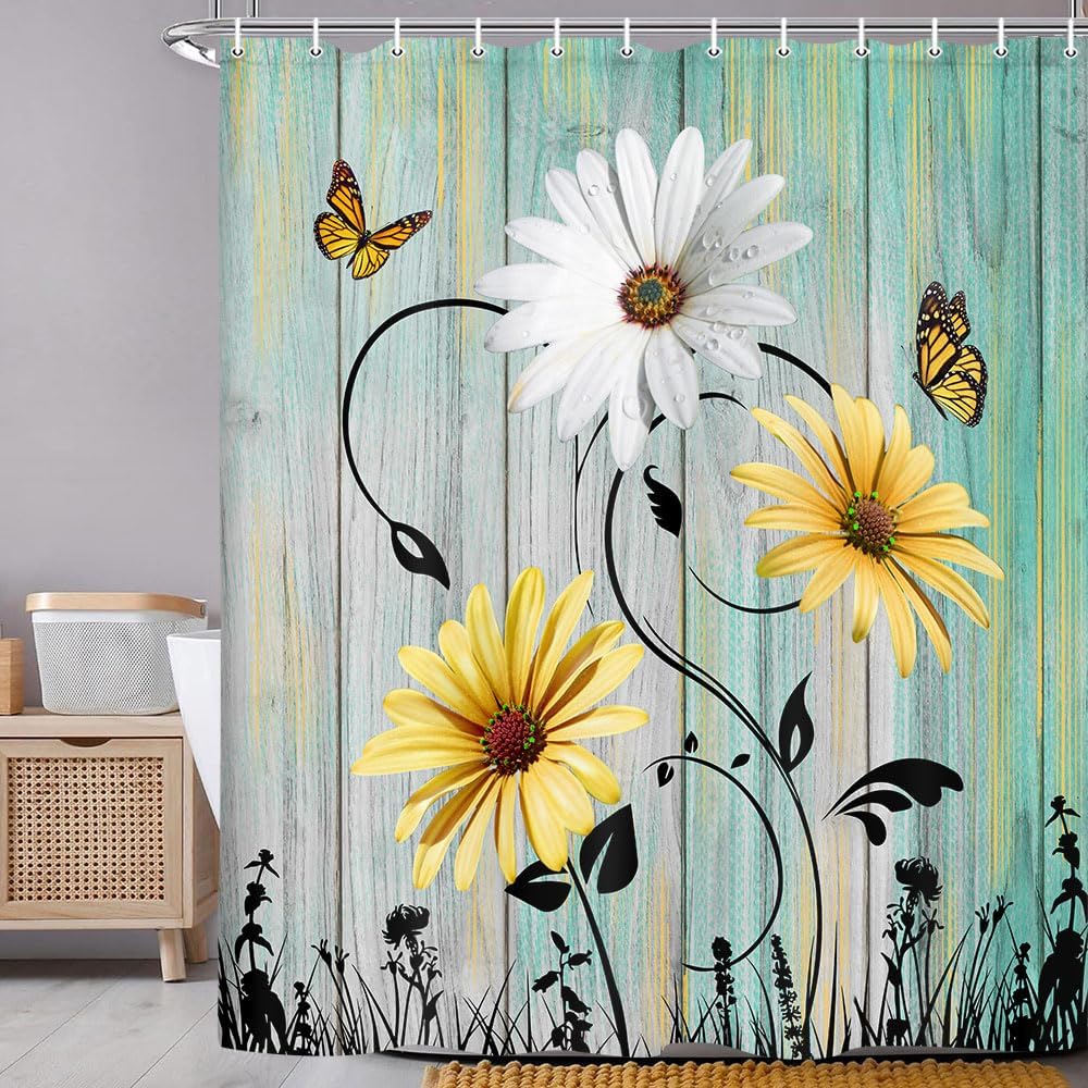 Rustic Farmhouse Floral Shower Curtain, Farm Teal Daisy Floral Butterfly Old Plank Rustic Shower Curtain, Turquoise Blue Fabric Bathroom Accessory Set with Hooks, 72 x 84, Green