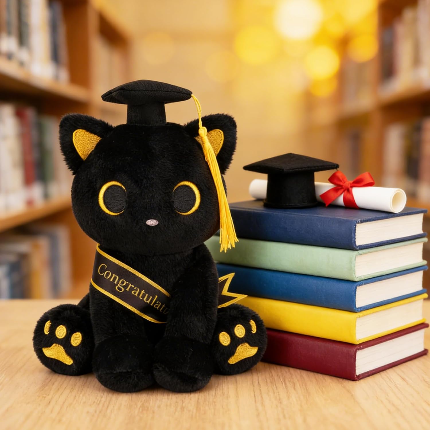Class of 2026 Graduation Cat Plush - 8" Black Cat Plush with Cap & Golden Tassel Graduation Gift for Her Kids Him, Cute Plushies Toy for Kindergarten, High School College