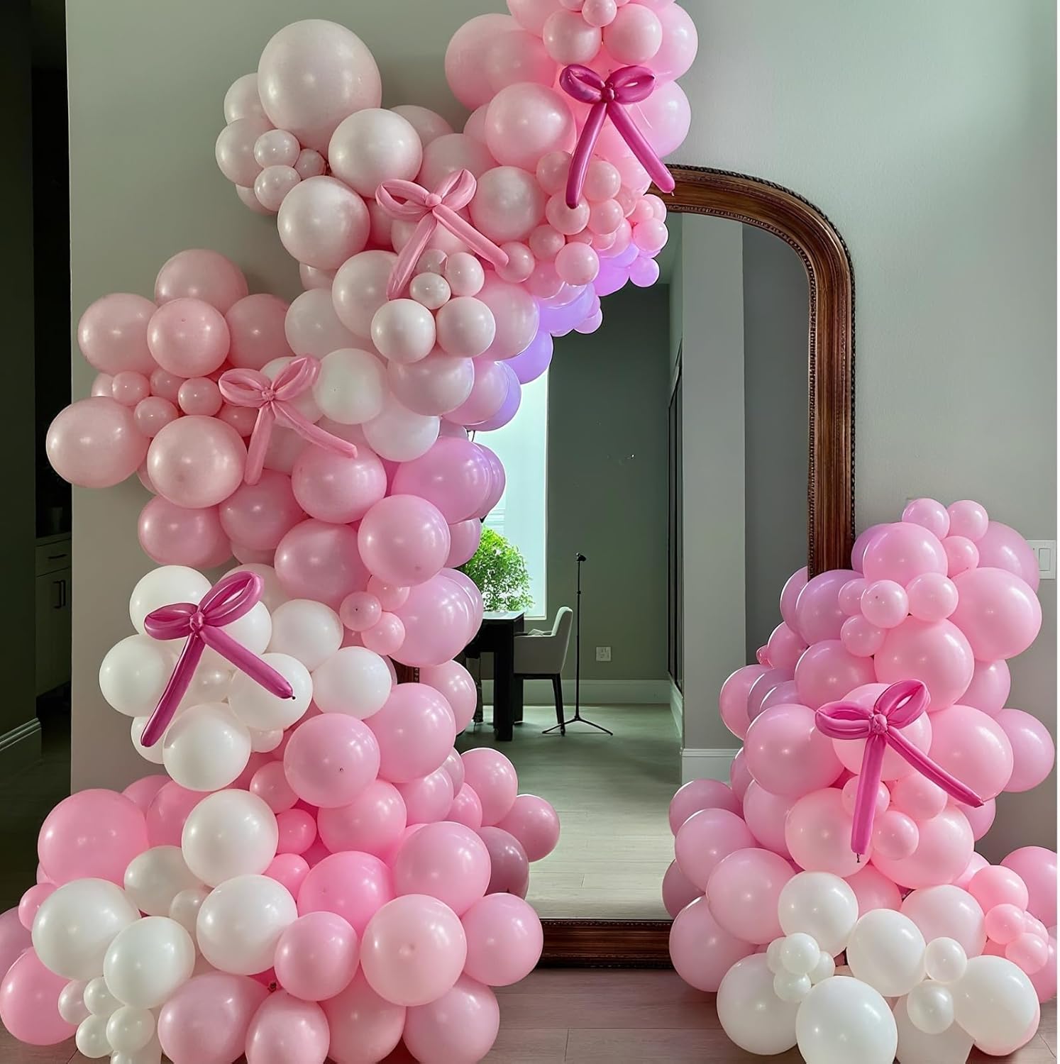 Pink and White Balloons Arch Kit,Baby Pink Bow Balloons Garland Kit Clear Balloons Macaron Pink Long Balloon as Bow Decor for Baby Shower,Wedding,Birthday,Graduation,Anniversary Party Pink White Clear
