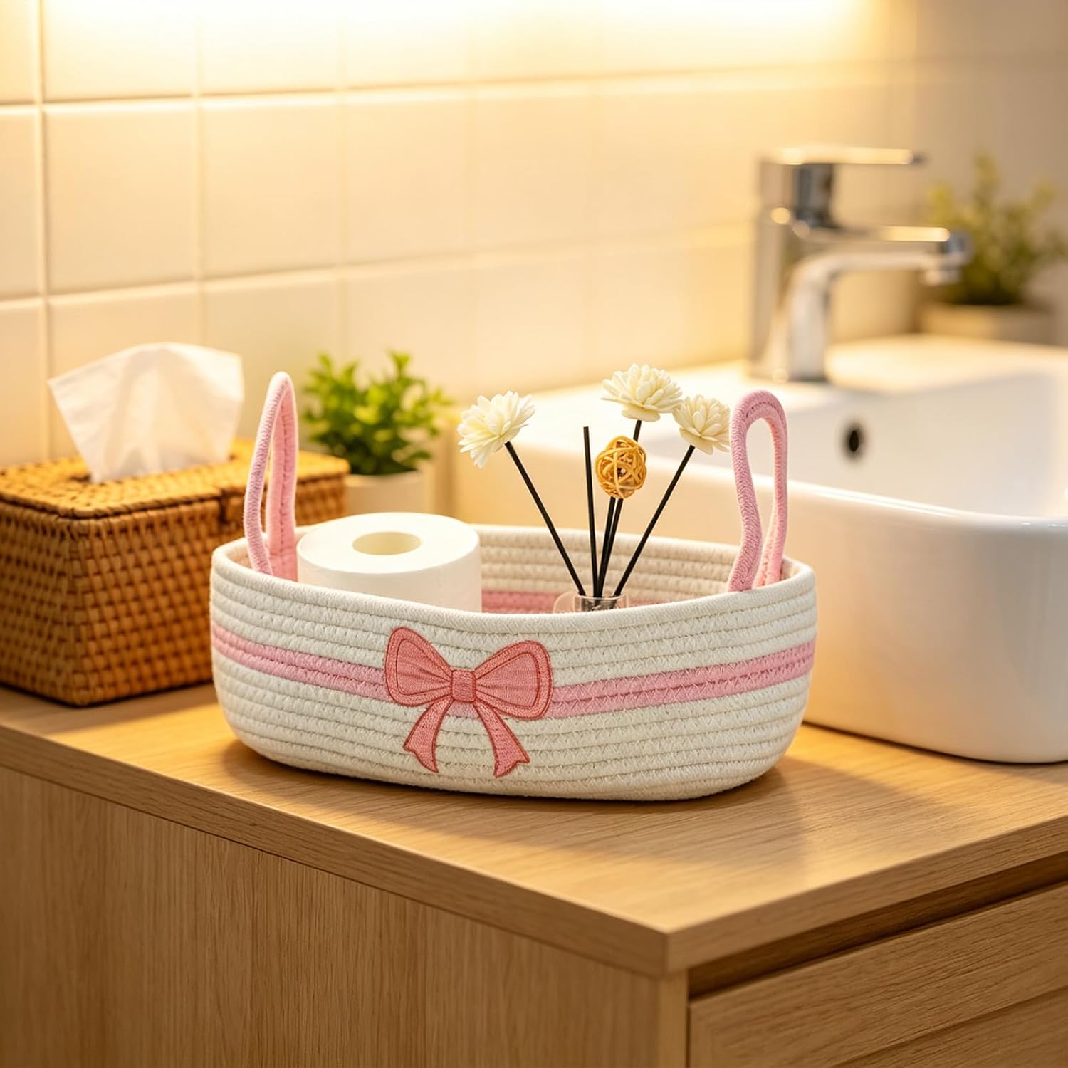 Toilet Paper Storage Basket for Bathroom Decor, Bow, Pink White