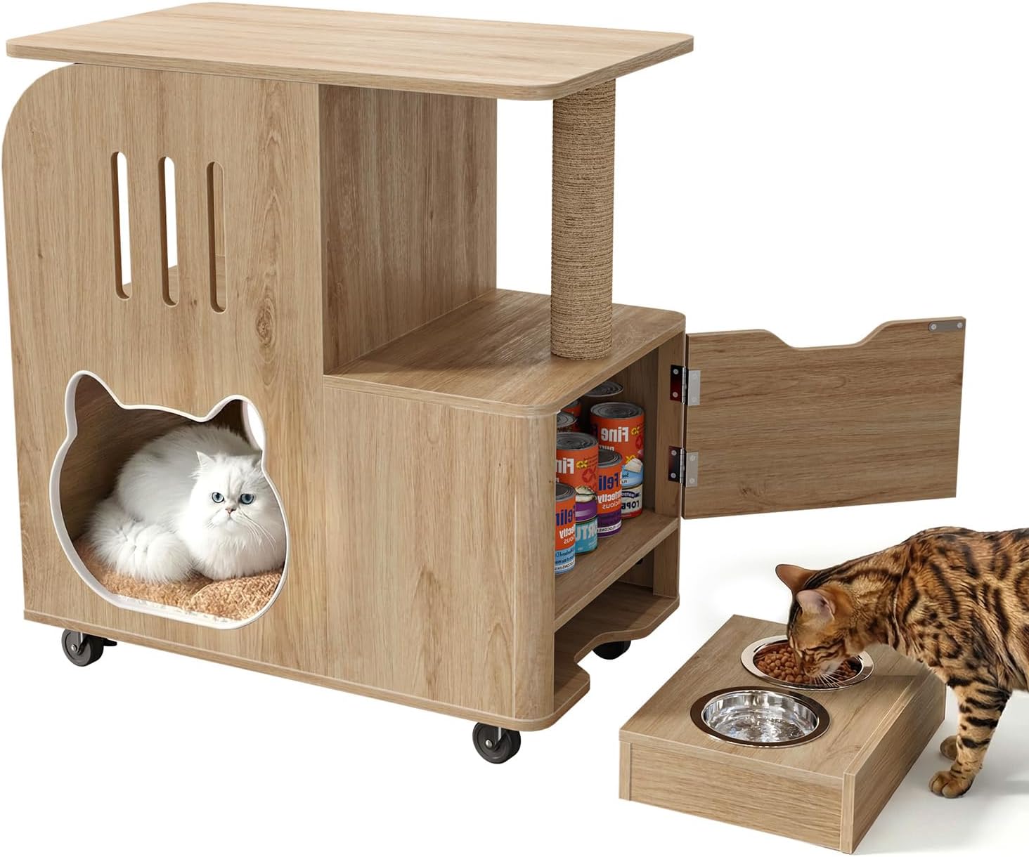 Dog Proof Cat Feeding Station with Two Feeding Bowls, Cat Feeding Station with Scratching Board, Raised Bowls for Indoor Cats, All-in-One Cat Food Table Cart with Moving Wheels