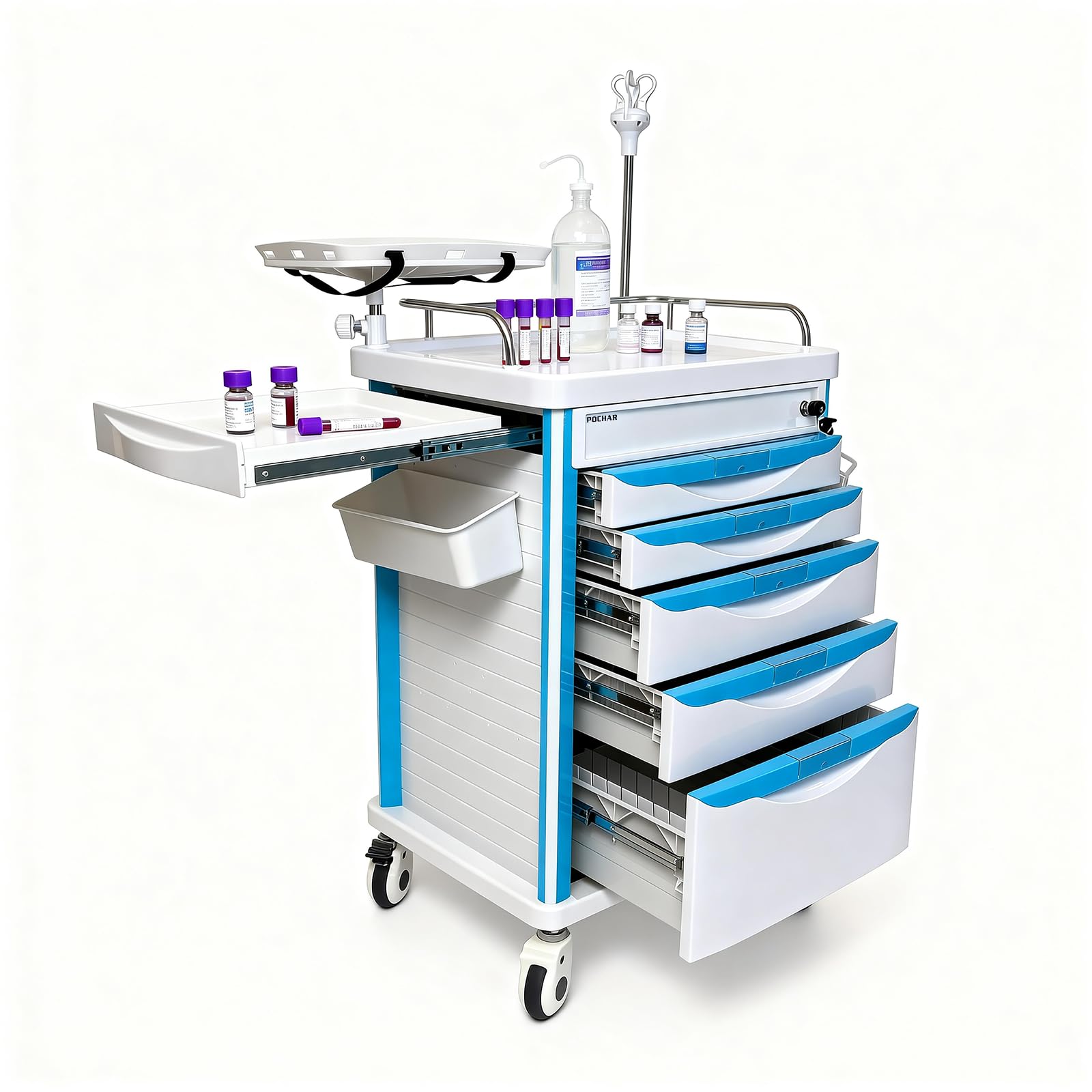 Medical Crash Cart with Emergency Accessory - Cardiac Board, IV Pole, O2 Holder, Power Strip, Trash Bin, Drawers with Dividers - Medical Emergency Crash Cart with Wheels for Hospitals and Clinics