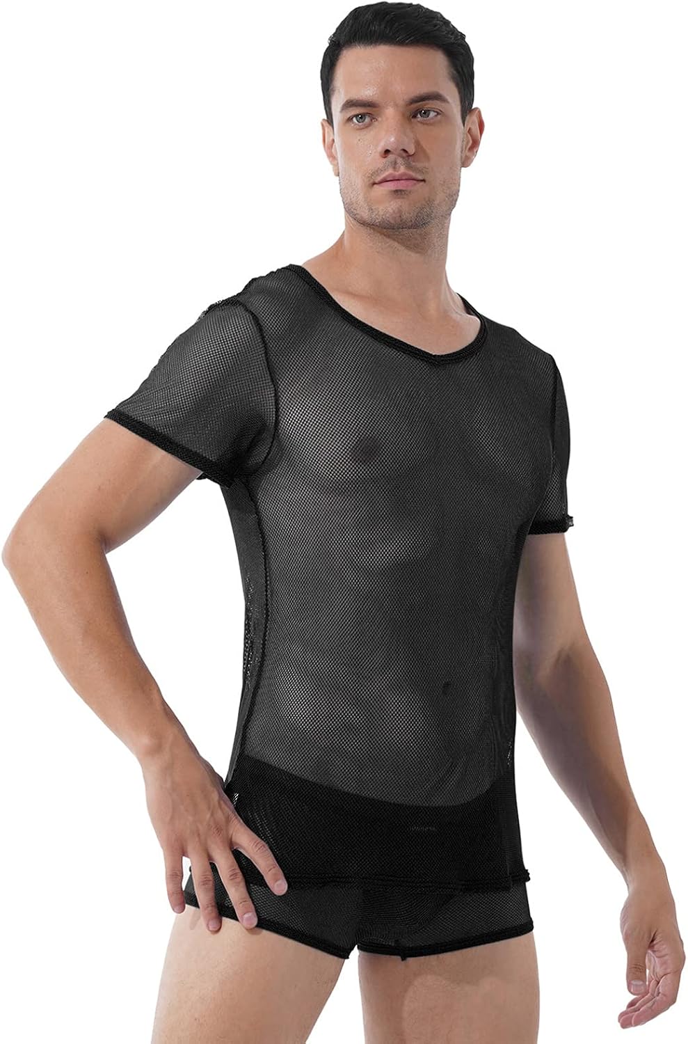 Agoky Men's Mesh Tee Tops Fishnet Muscle See Through Workout Shirt Boxer Shorts Underwear Set