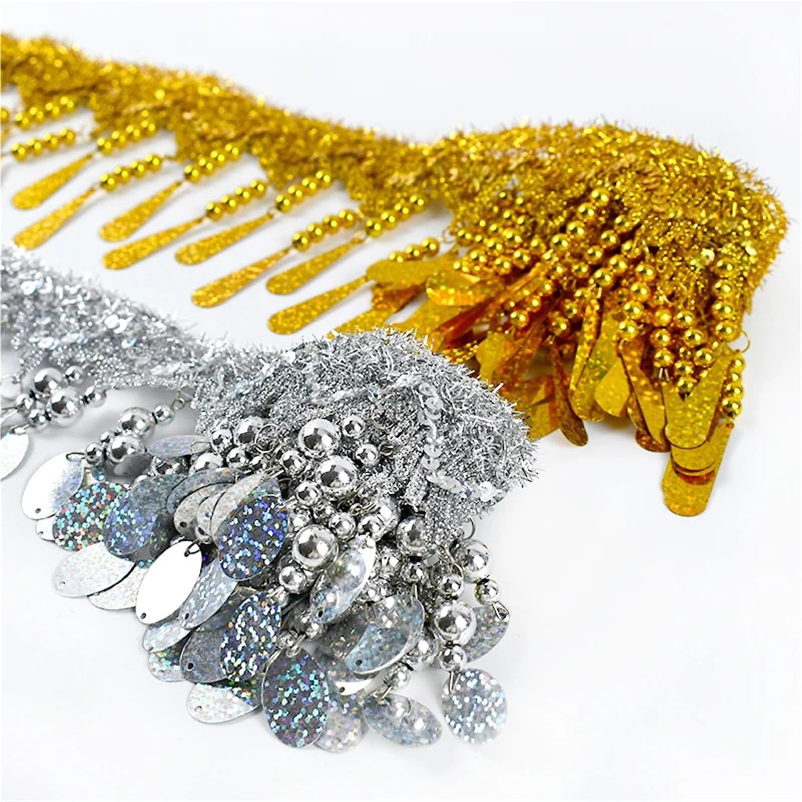 Cenefa con flecos y abalorios Borla colgante de lentejuelas | Borlas de encaje vestido de baile latino decoración cordones ropa cortina materiales de costura(Gold-85mm,10Meters)