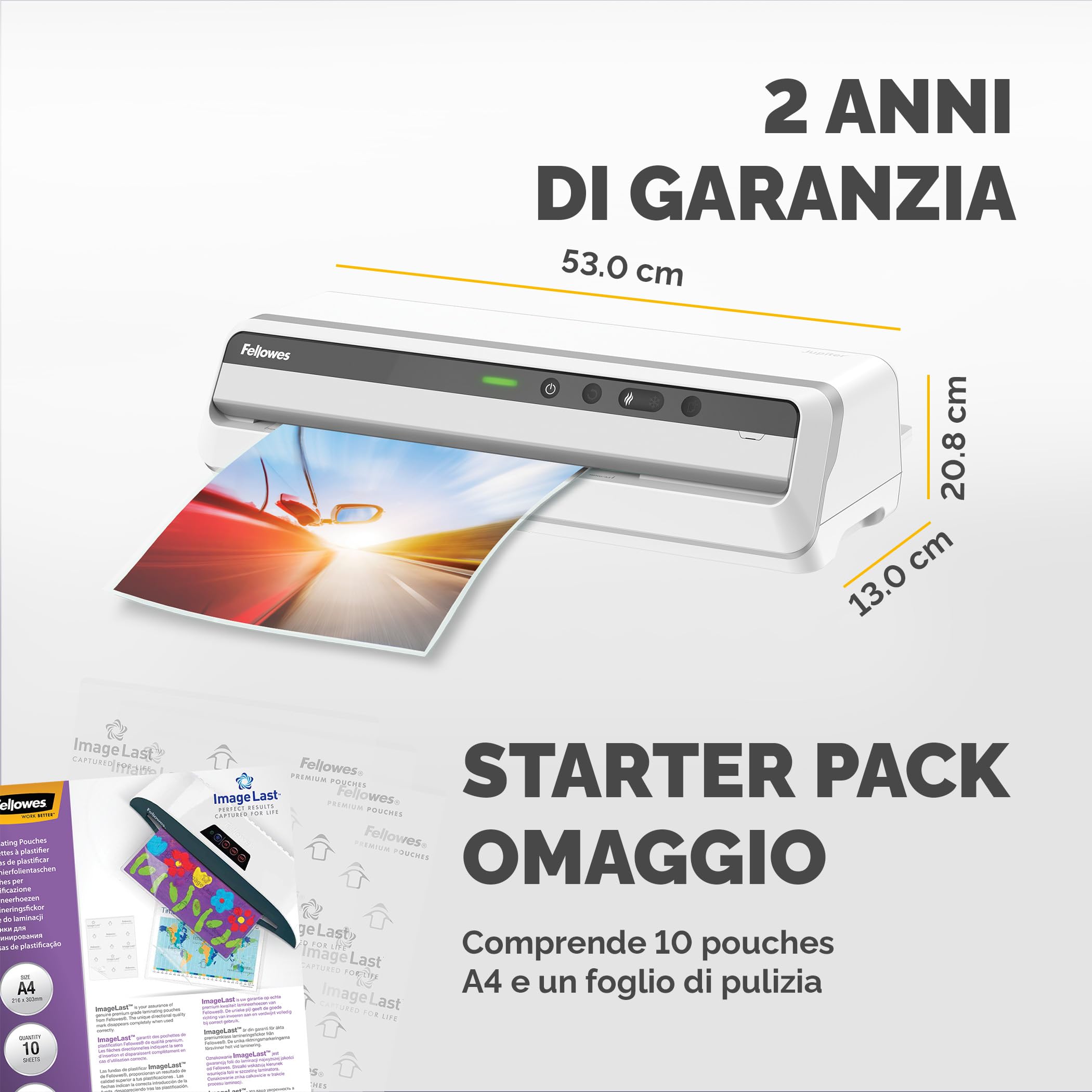 Fellowes plastificatrice a caldo Jupiter A3, formato A3, fino a 250 micron, per ufficio, riscaldamento rapido, con retromarcia e modalità riposo, colore bianco, incluso starter pack di 10 pouches