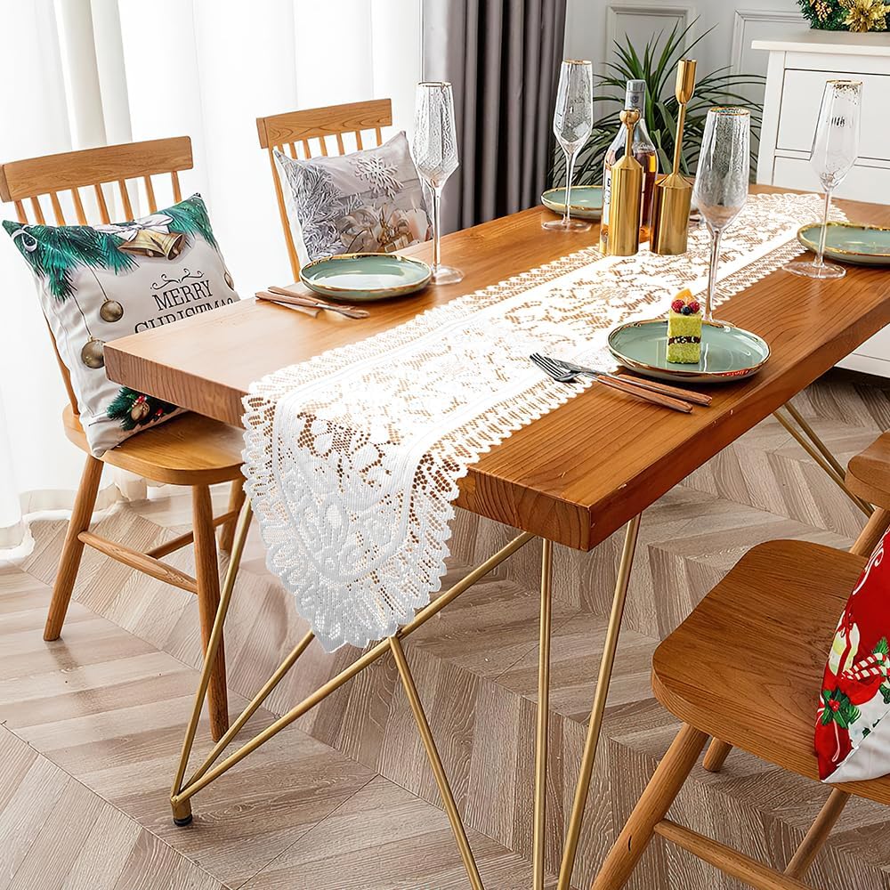 Lace Table Runner 72 Inch Long White Christmas Table Runners Farmhouse Boho Table Runer Cotton Woven Table Runner Coffee Table Runners Rectangular Lace Doilies for Kitchen Dining Table Home Decor