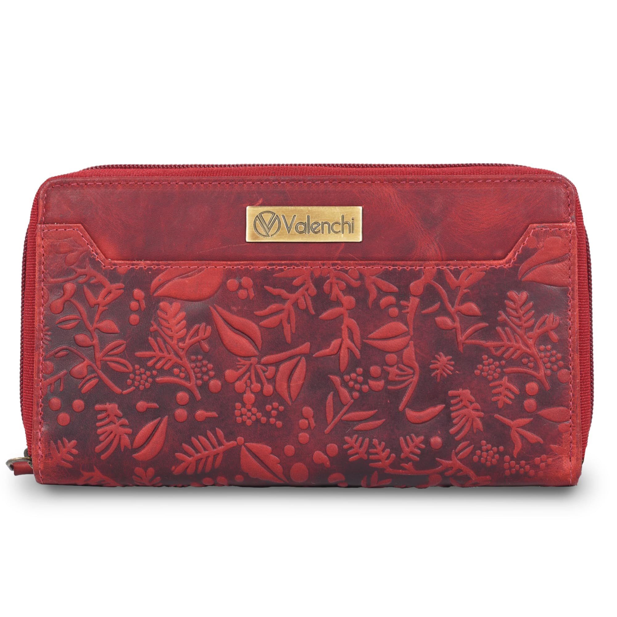 VALENCHI Women's Leather Wallet - RFID Blocking Wallet - Ladies Clutch Hand Purse With Card Holder Slots (Vintage Red Flower LW07)
