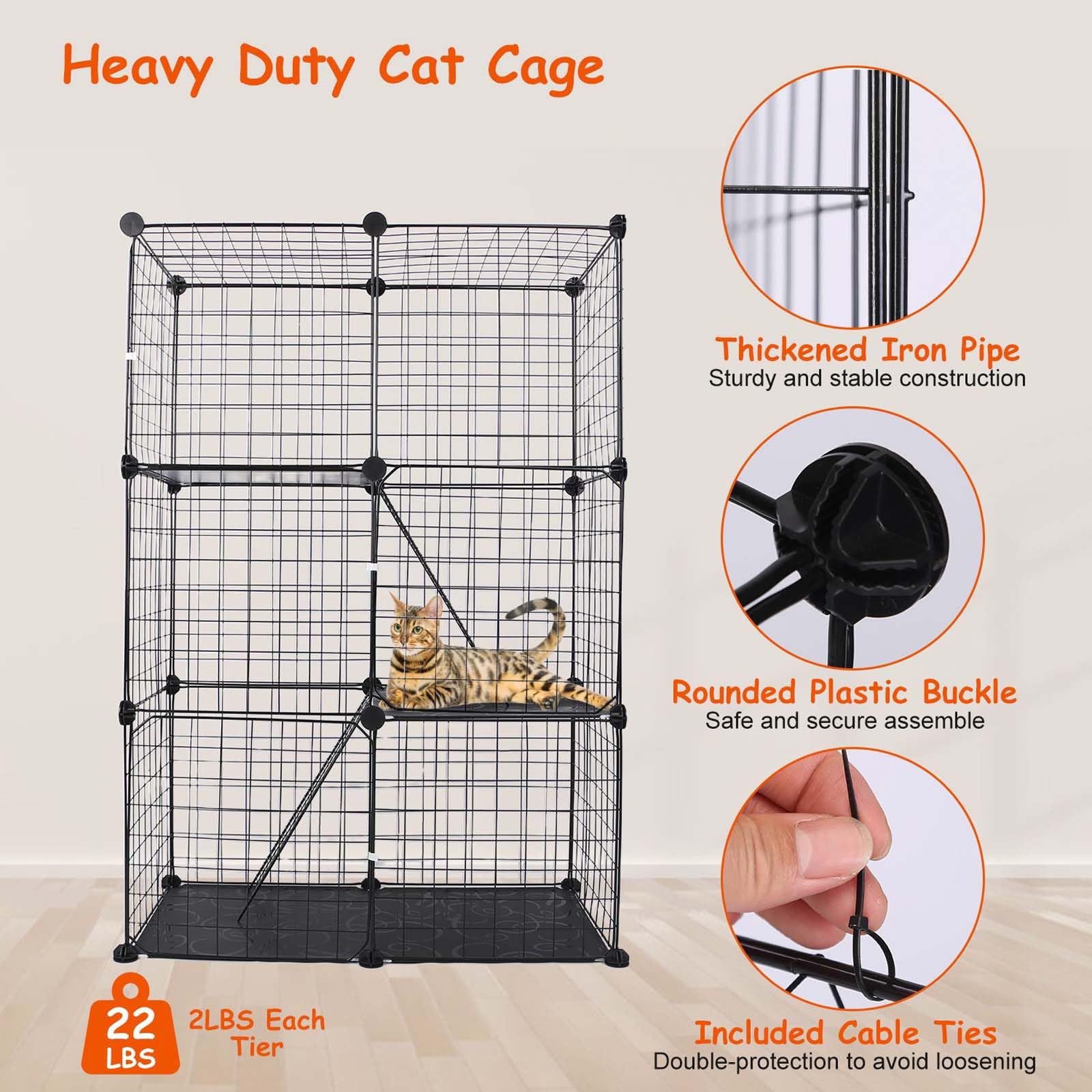 Jaula para gatos de 3 niveles, para interiores, con 3 plataformas de descanso ajustables, jaula grande para gatos de 42 pulgadas, jaula para hurones, corralito para gatos con 3 puertas