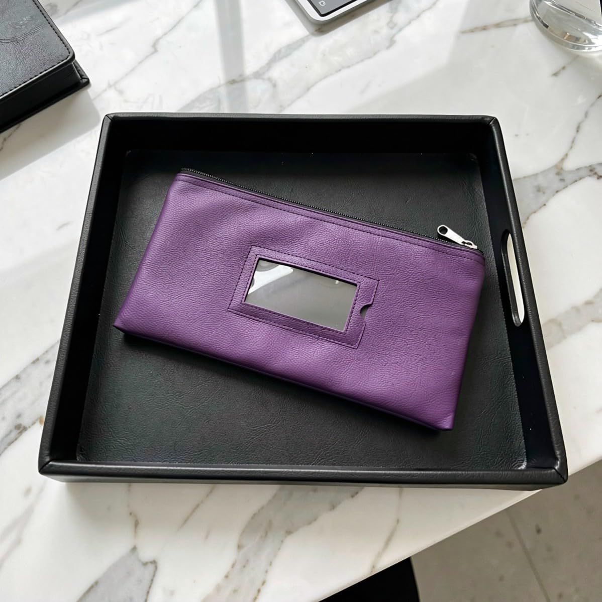 Purple Cash Bag with Zipper, PU Leather Bank Deposit Pouch 11x6