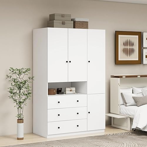 ModMakers 74" H 3 Doors 3 Drawers White Wooden Wardrobe Armoire Closet Modern Freestanding Bedroom Armoire Organizer Clothes Cabinet for Bathrooms Clothes Shoes Storage with Hanging Rod