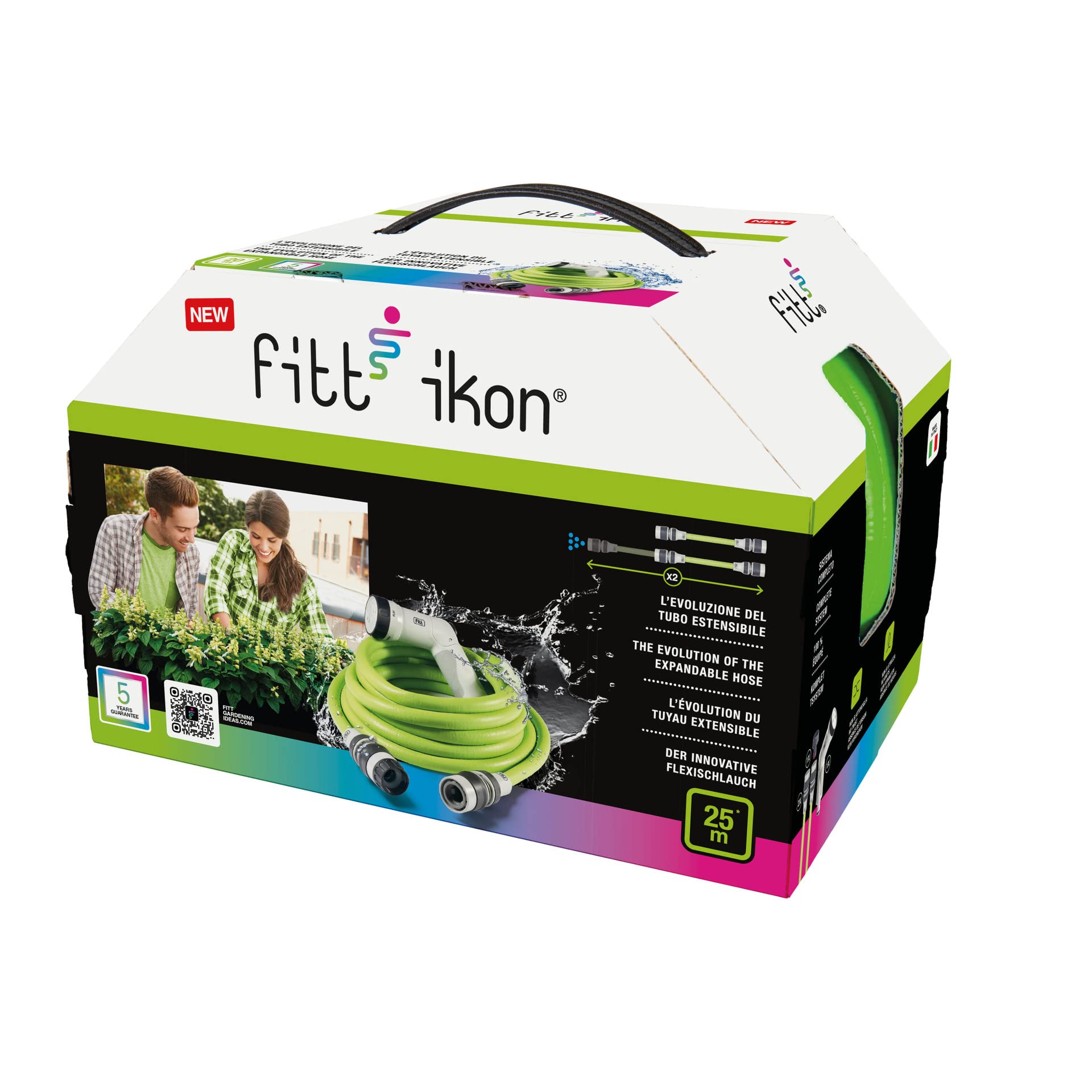 FITT IKON 25 m - Manguera de Agua de Jardín, Extensible, Compacta, Ligera y Lista para usar, con Pistola Multichorro, Lime