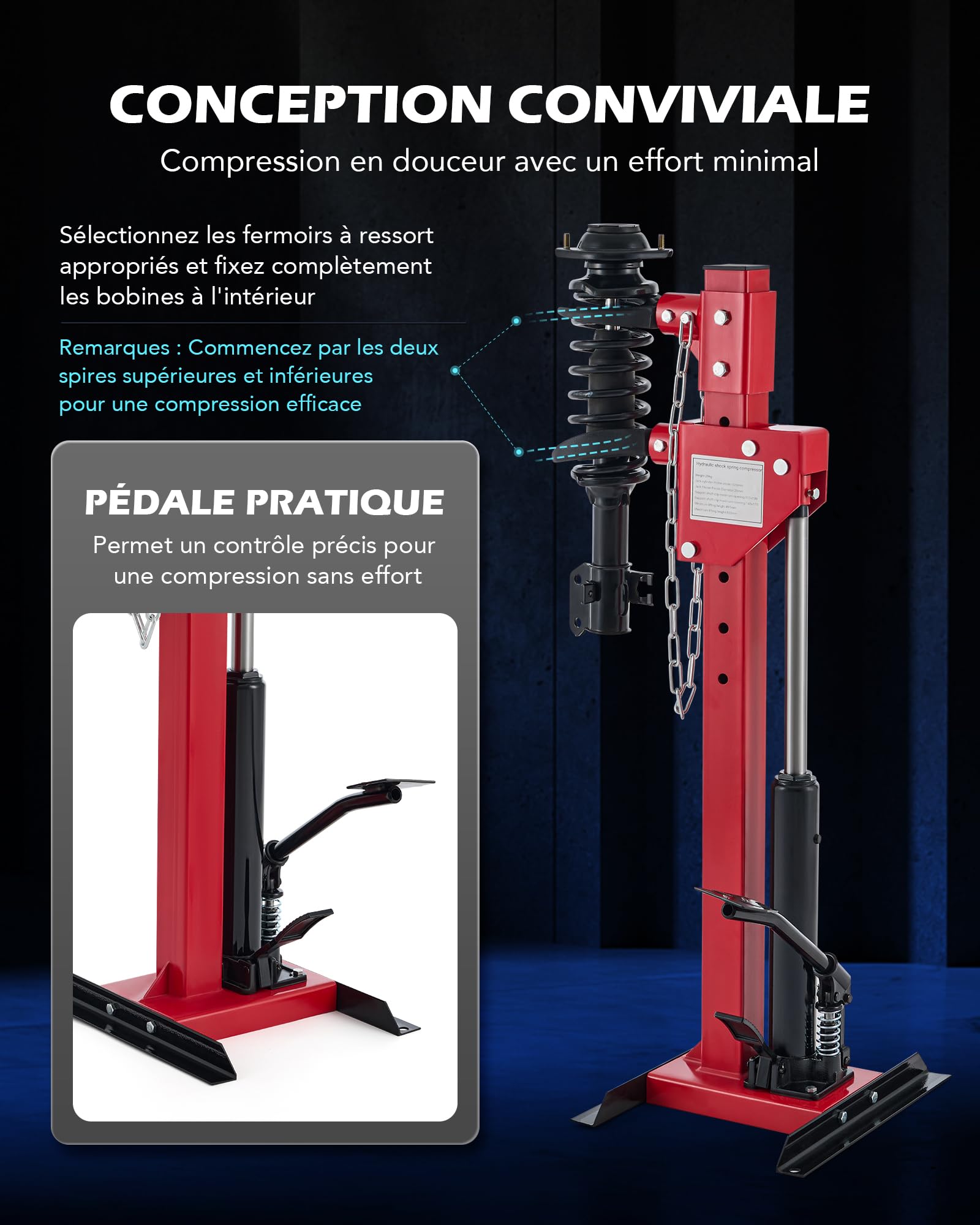 Orion Motor Tech Compresseur de Ressort Amortisseur Hydraulique Capacité 3T avec 4 Pinces de Serrage 7 Trous pour Réglage de Hauteur Opération à Pieds pour Réparation des Voitures Camions Caravanes