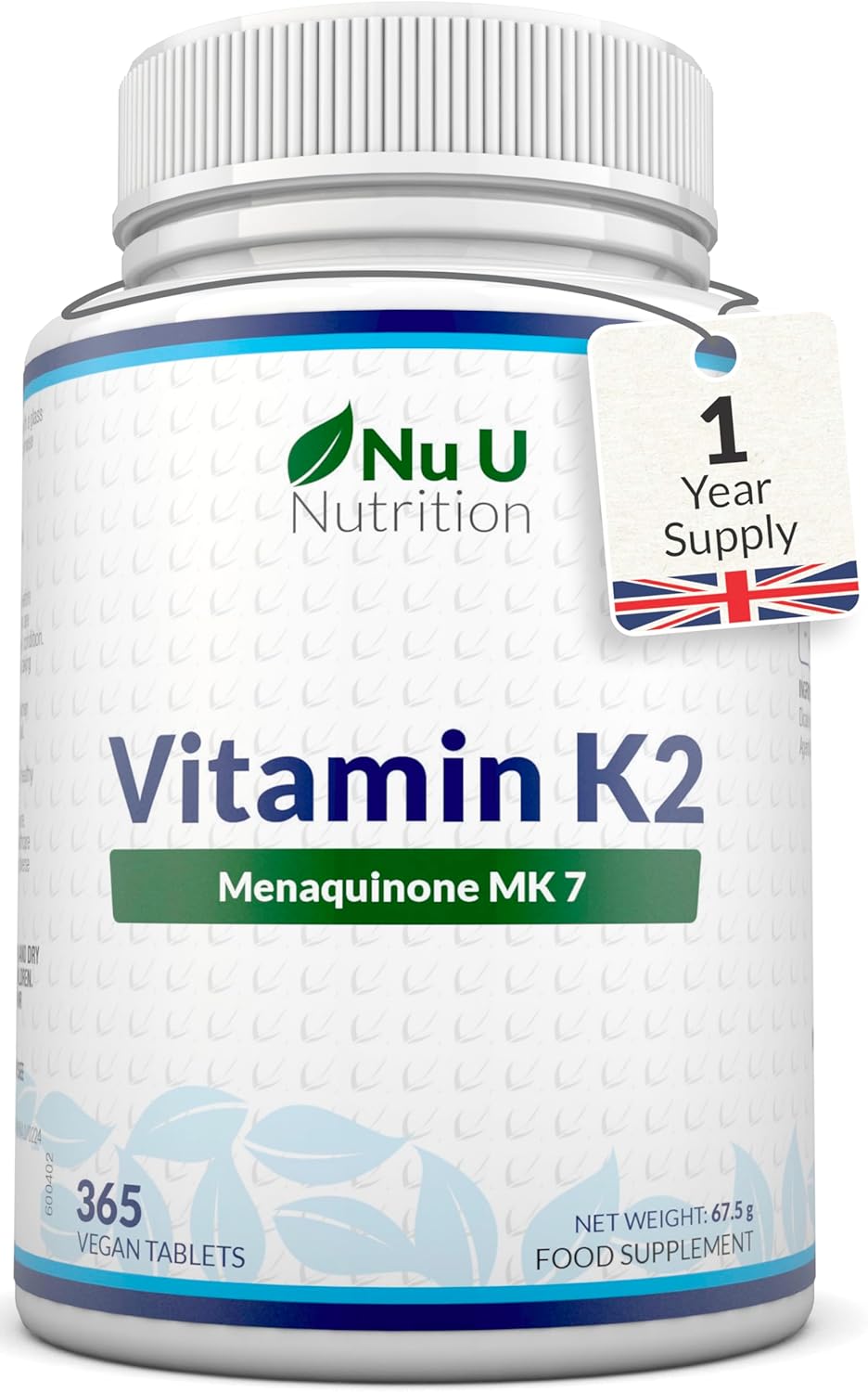 Vitamin K2 MK7 200mcg – 365 Vegan Tablets not Capsules – 1 a Day – 1 Year Supply – High Strength VIT K2 Menaquinone – Easy to Swallow – Made in The UK – Nu U Nutrition