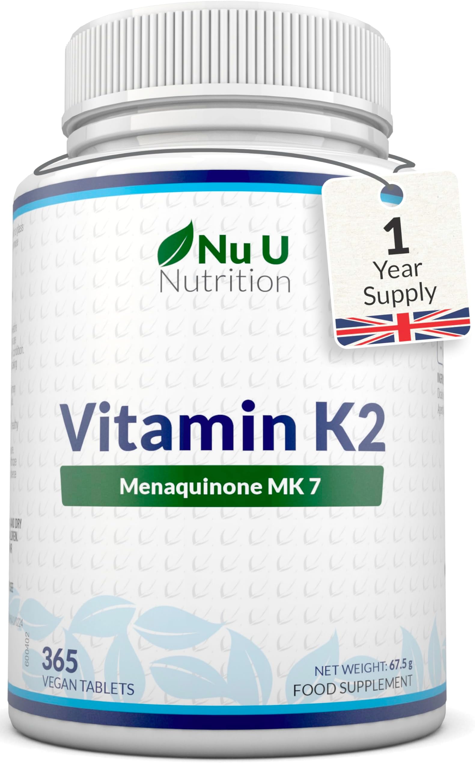 Vitamin K2 MK7 200mcg - 365 Vegan Tablets not Capsules - 1 a Day - 1 Year Supply - High Strength VIT K2 Menaquinone - Easy to Swallow - Made in the UK - Nu U Nutrition