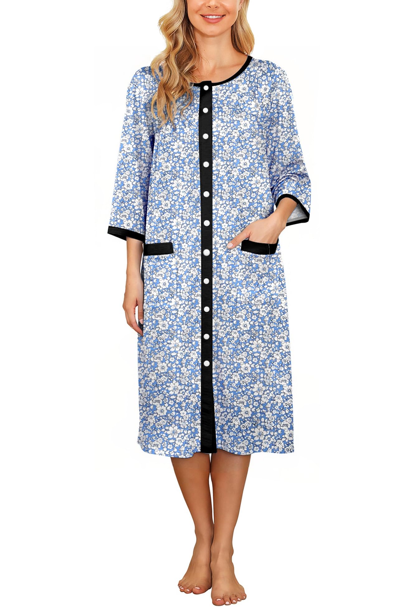Bloggerlove House Dress Women Cotton Snap Front Nightgown 3/4 Sleeve Housecoat Duster Robe with Pockets Moomoo Patio Dress