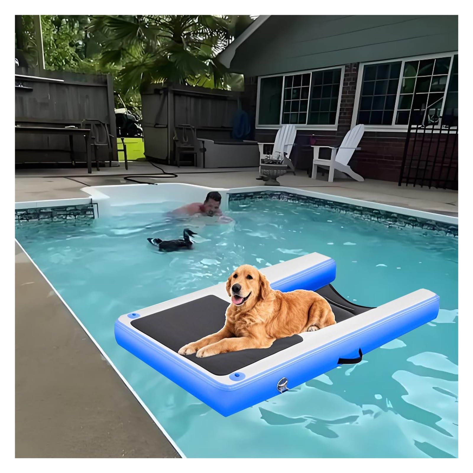MZZKFC Foldable Dog Inflatable Floating Dock Large, 3.9in Thick Portable Pet Dock Platform Extra Large with Weighted Mesh Under Water & 3D Steps, 59in