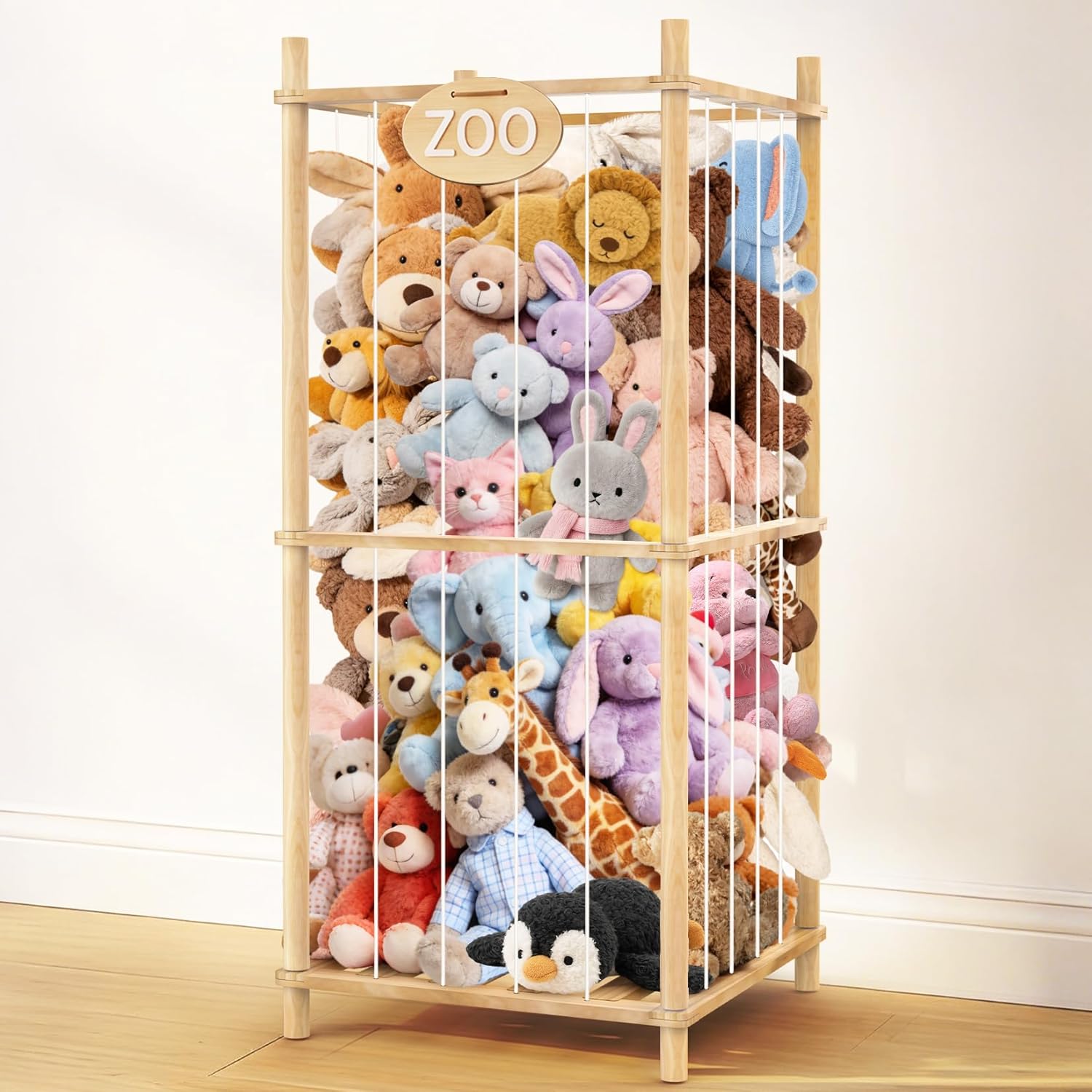 36 Inch Stuffed Animal Storage Zoo, Space Save Cute Zoo Toy Holder with Elastic Cords, Large Capacity Plush Toy Organizer, Wooden Stuffed Animal Holder, Perfect for Nursery Playroom Kidroom