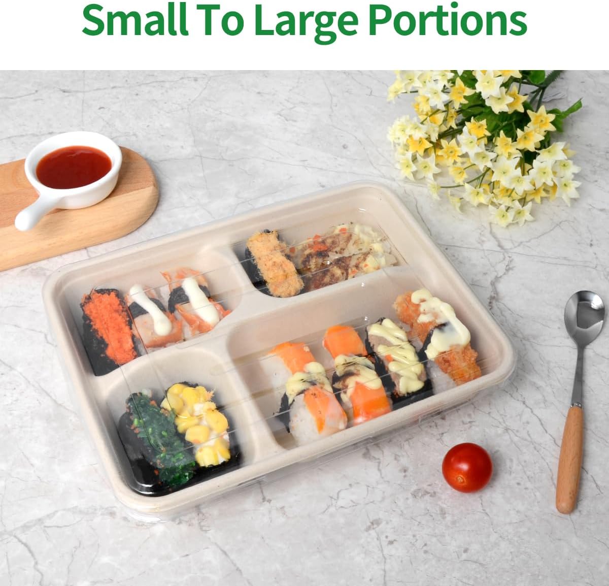 bloomoon 4 Compartment Paper Bowls with Lids, Food-Tray-Style 4 Compartment Catering Bowl with Lid, Disposable Lunch Tray for Catering Services at Party, Restaurant - 50 Bowls 50 Lids
