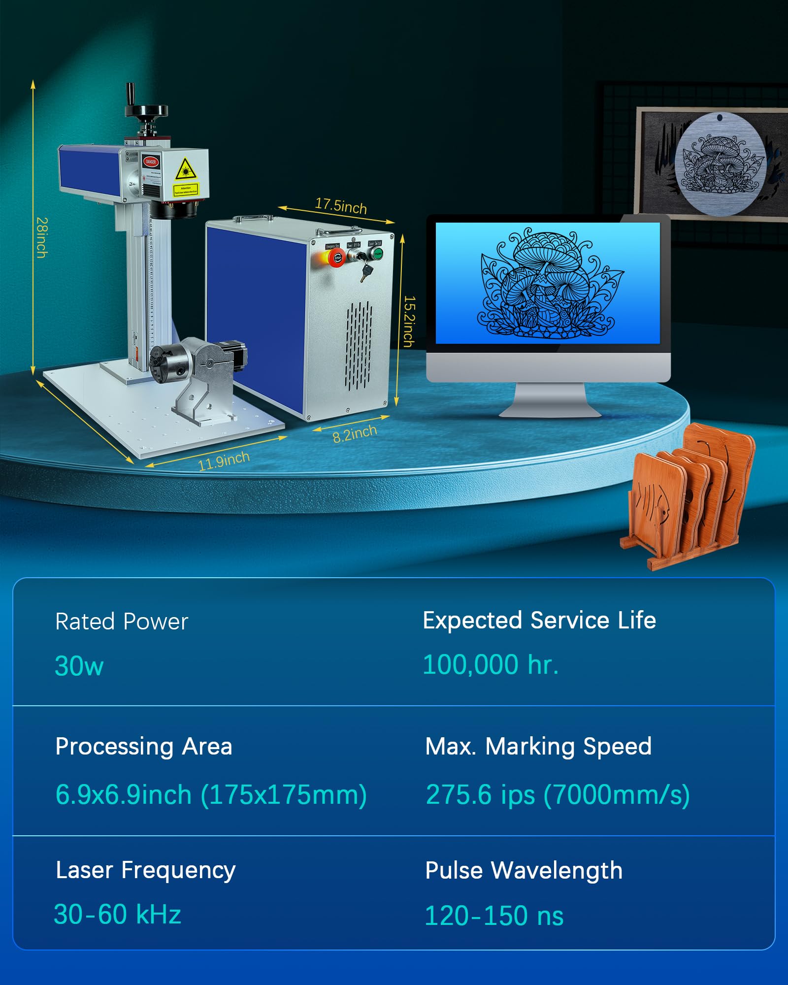 MCWlaser Maszyna do grawerowania laserowego 30 W Fiber Raycus do maszyn do znakowania metali, zakres znakowania 175 x 175 mm, z 80 mm Rotary Chuck Transport z UE