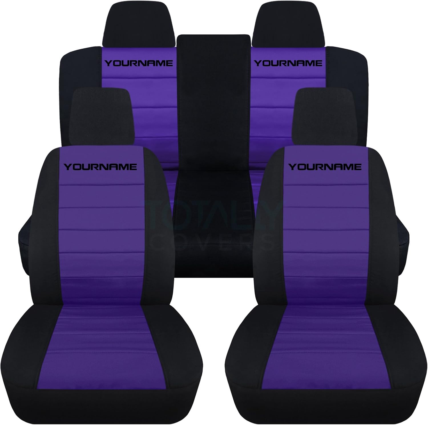 Totally Covers Compatible with 2011-2014 Ford Mustang 2-Tone Seat Covers with Your Name/Text: Black & Purple - Full Set (22 Colors) Coupe/Convertible V6/GT Solid/Split Bench 50/50 5th Gen