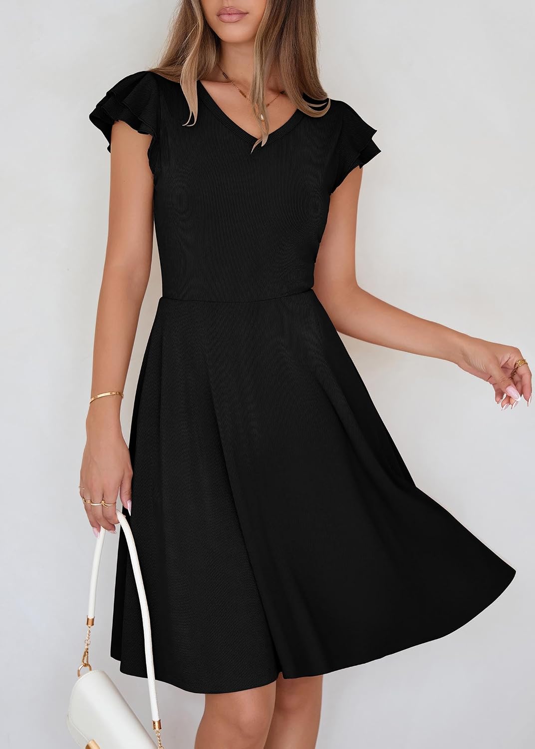 Lazysmile Summer Dresses for Women Ruffle Short Sleeve V Neck A Line Swing Ribbed Knit Casual Mini Short Dress