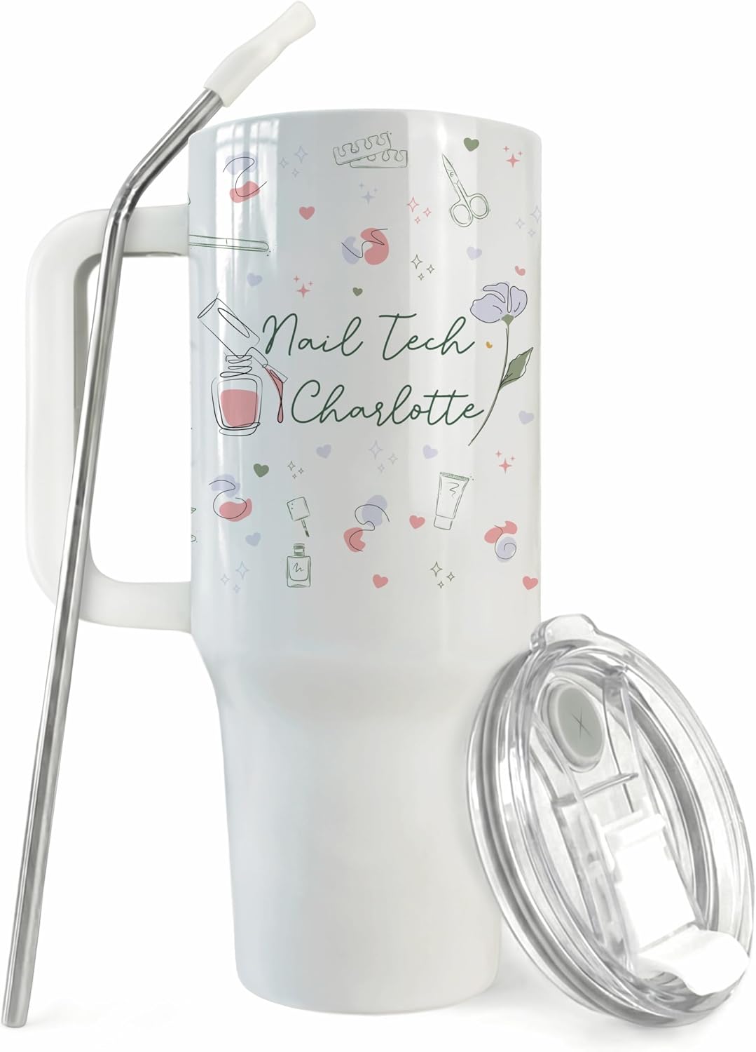 Custom Nail Tech Tumbler With Handle, 40oz Travel Mug - Mauve | Dainty Floral Nail Polish Graphic, Cuticle Scissors Art, Sweet Manicurist Present, Add Your Name Water Bottle, Beautiful Salon Daily Jug