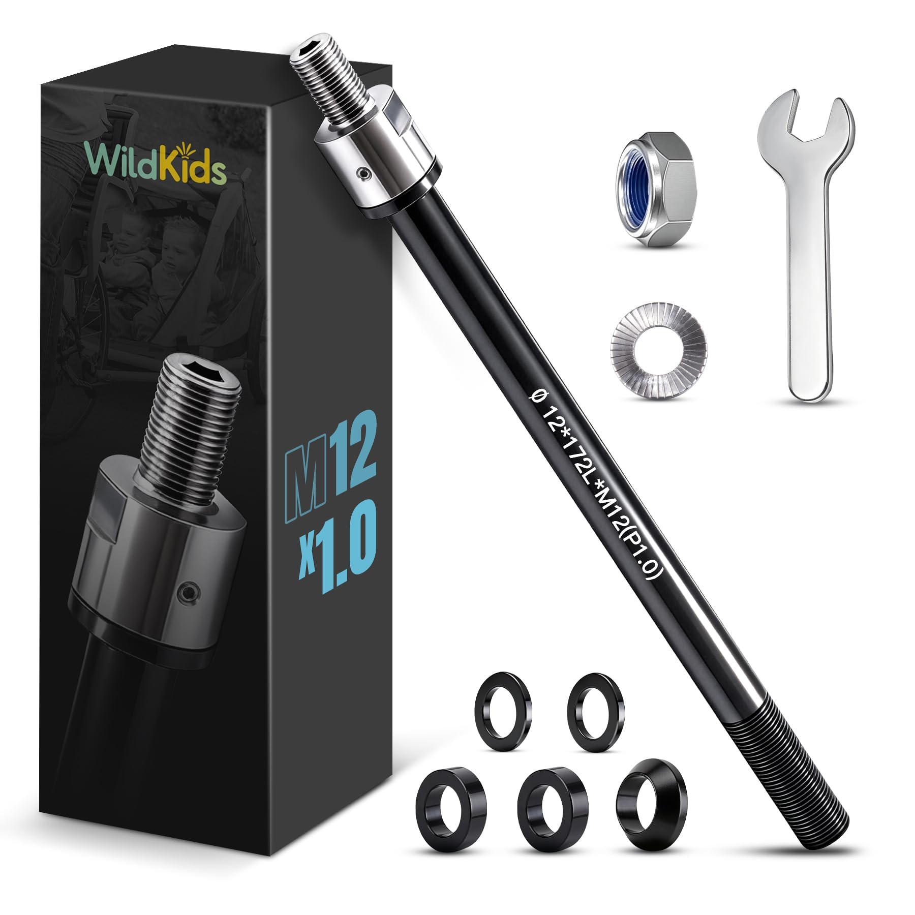 WildKids Steckachse für Fahrradanhänger M12 160-172 mm Steckachse, Einstellbare Schaftlänge, Steckachse kompatibel für Thule,Qeridoo,Croozer Fahrradanhängerkupplungen - Mit Anti-Rutsch-Muttern