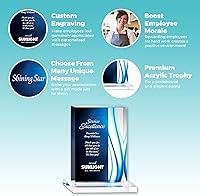 Vista 3 de Trofeo grabado Acrílico azul Forma rectangular Acentos de rayas de colores Grabado personalizado Premio para empleados