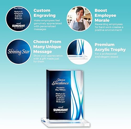 Miniatura 10 de Trofeo grabado  Acrílico azul  Forma rectangular  Acentos de rayas de colores  Grabado personalizado  Premio para empleados