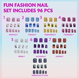 Townley Girl 96 Pcs Glitter-Glamup & Metallic Press-On Nails Artificial Fake False Nails Set for Tweens with Pre-Glue Full Cover Acrylic Nail Tip Kit, Great for Gifts, Parties, Sleepovers & Makeovers