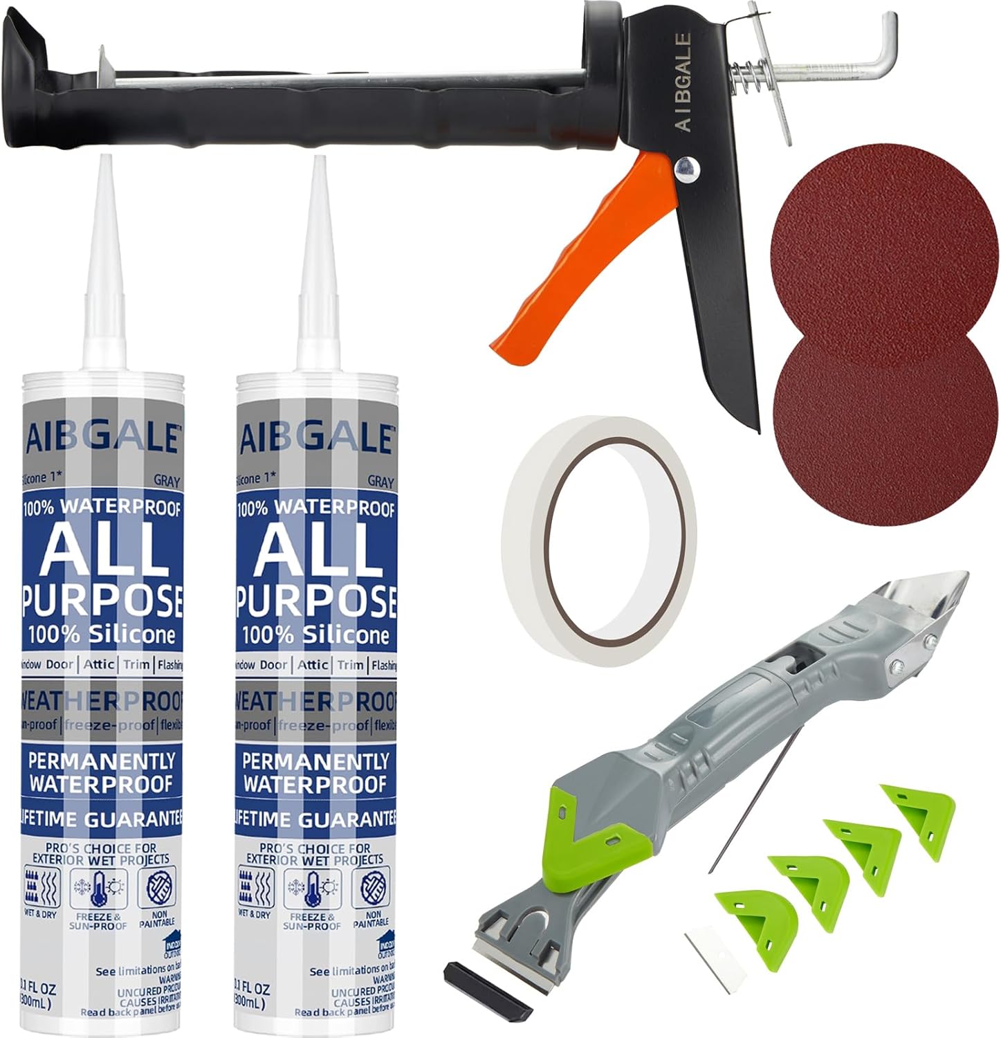 Variety Caulking Tool Kit, 2 Gray Silicone Sealant, Hand Caulking Guns and 5 in 1 Scraper/Smoothing Tool, Sandpaper, Gloves and Masking Tape, with All-Purpose 100% Silicone Caulk 20.2 Oz