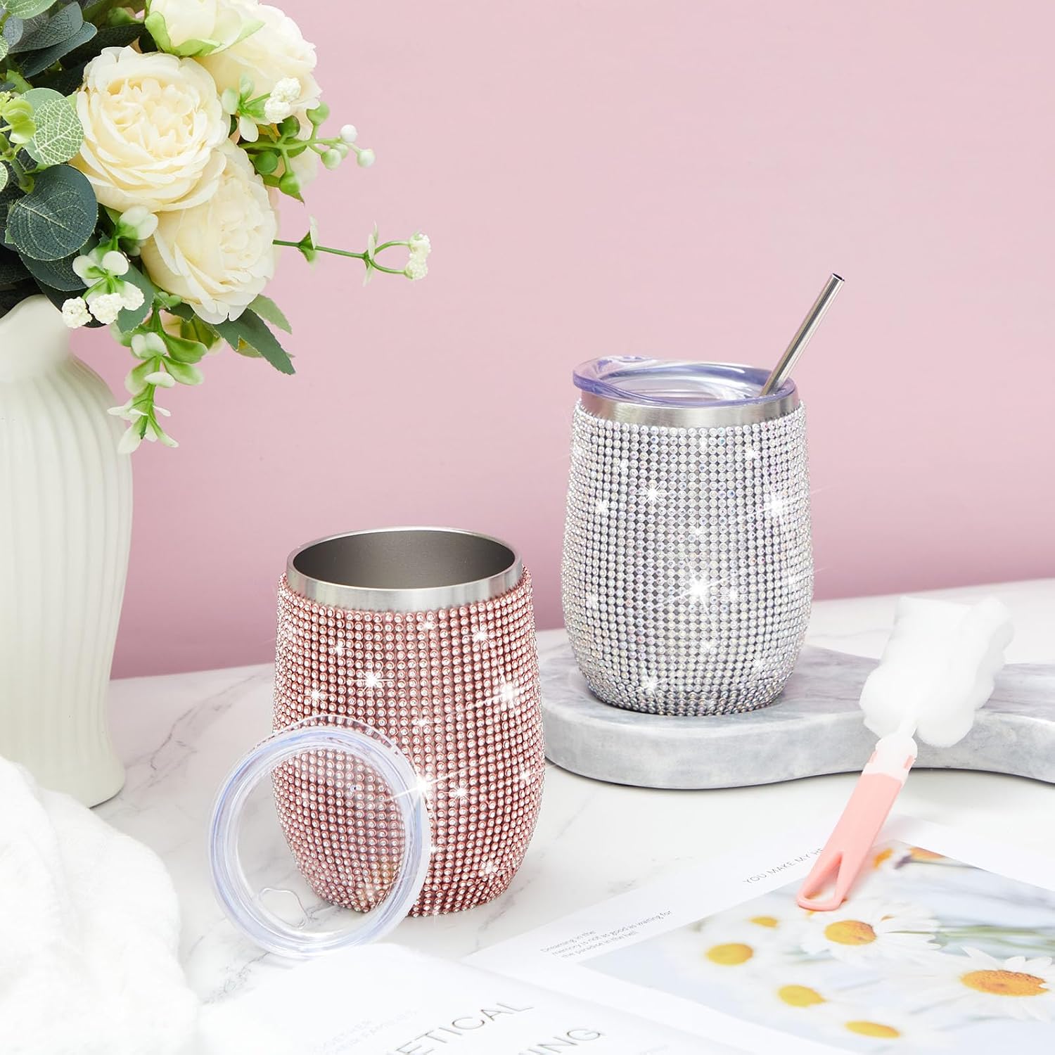 4 Set Bling Water Bottles 12 oz Bling Wine Tumbler Stainless Steel Diamond Rhinestone Cups with Lids Straws Cleaning Brush Glitter Cups for Women Wedding Bridal Shower Gifts Favors(Multicolored) - Image 4