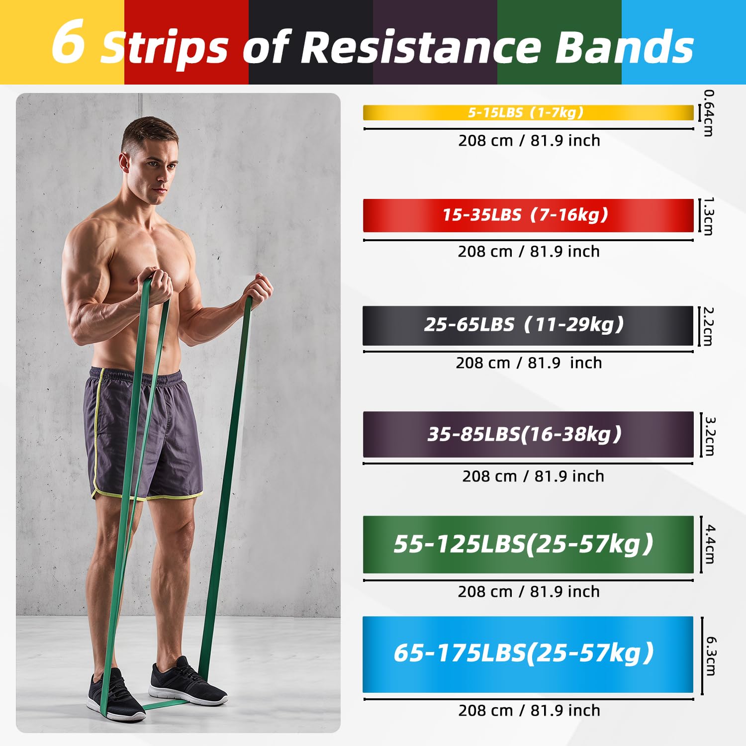 Fitness Elastikbänder mit 6 Widerstandsstufen, Widerstandsband Set mit Türanker, Fitnessbänder Widerstandsbänder, Fitnessbänder für Yoga, Pilates, Klimmzughilfe, Training, Physiotherapie