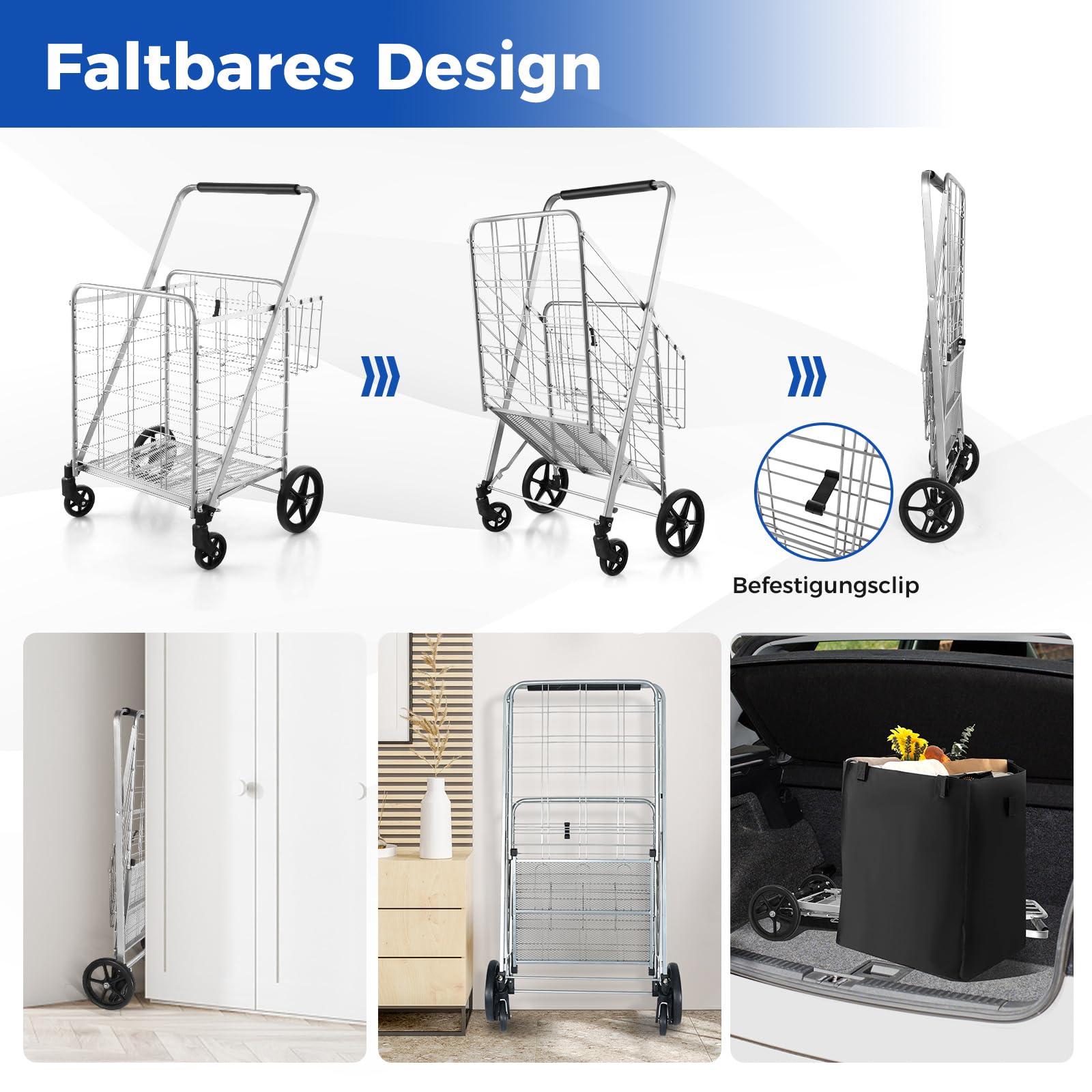 COSTWAY Opvouwbare boodschappentrolley met wielen, capaciteit 90 l/55 kg, handwagen met afneembare Oxford-tas, inklapbaar, trolley tas met handgreep, voor winkelen, kamperen, blauw