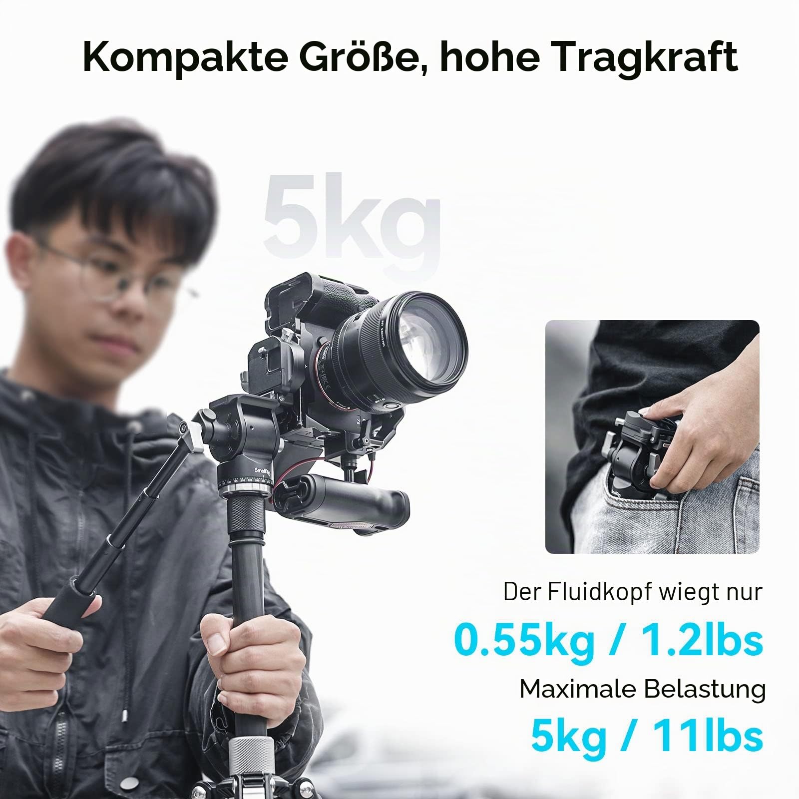 SMALLRIG Videokopf für vertikale/horizontale Aufnahmen, Stativ-Schwenk-Neige-Fluidkopf mit Teleskopgriff und umschaltbarer QR-Platte für Arca, maximale Belastung 5kg/11 Pfund für Camcorder - 4104