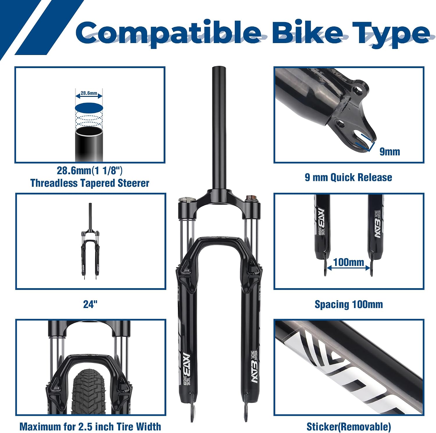 20/24 inch Front Suspension Fork 28.6mm Straight Tube Quick Release 9mm for Kids Mountain Bicycle (24 INCH)